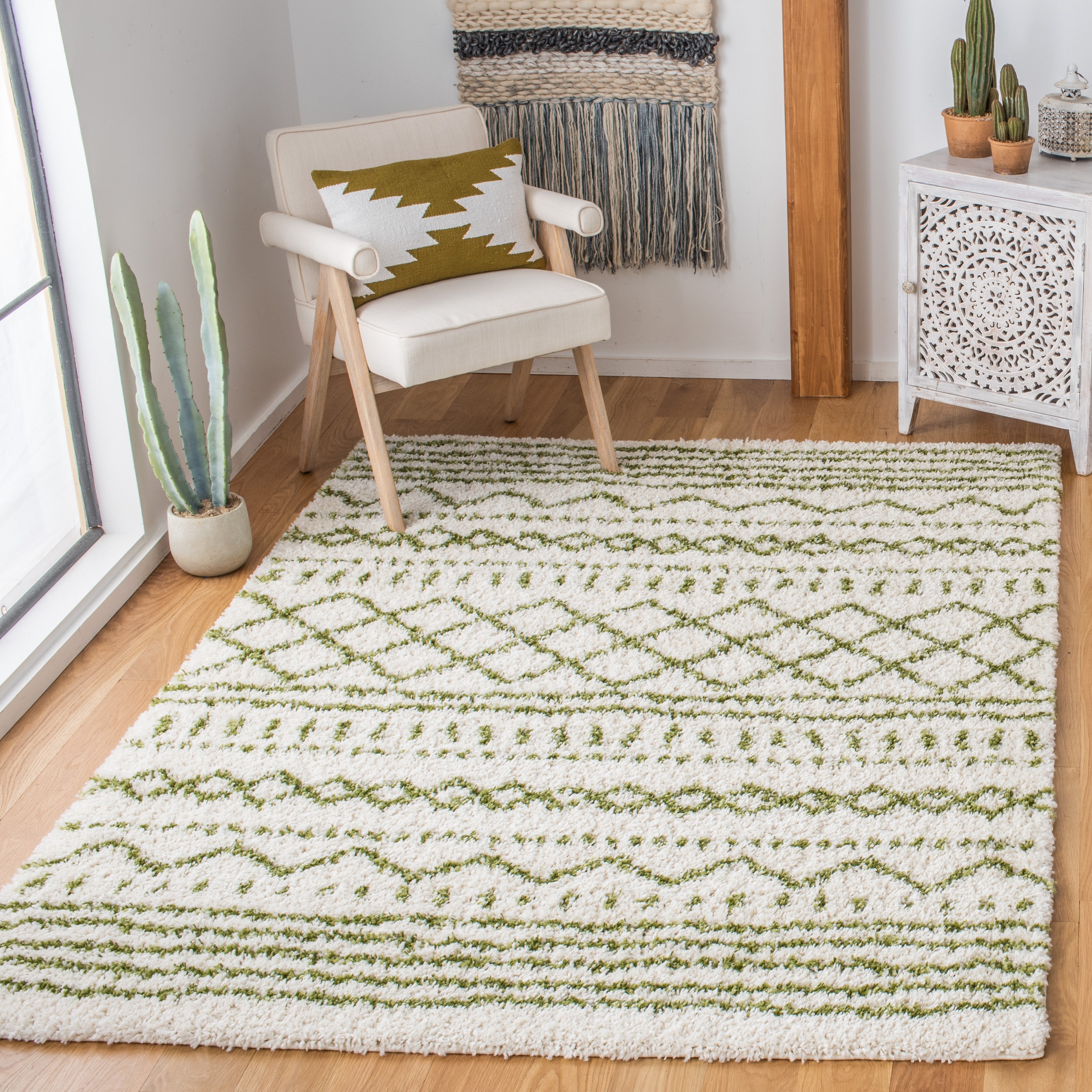 Safavieh ASG741Y-7SQ Arizona Lotta Shag 7 x 7 (ft) Loomed Polypropylene Ivory/Green Square Indoor Abstract Moroccan Area rug