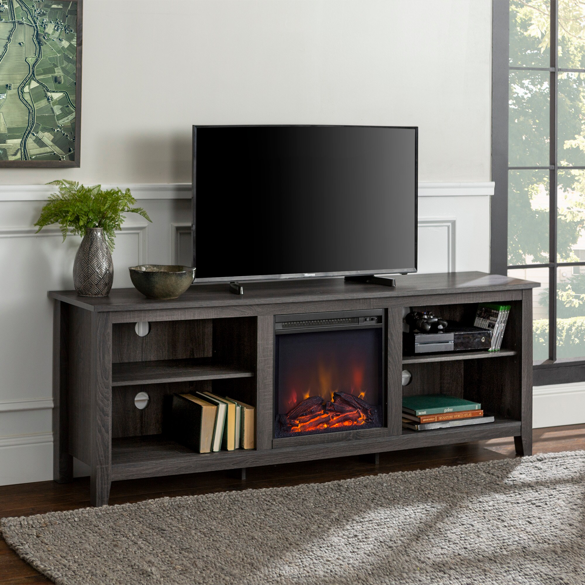 Walker Edison W70FP18CL 70-Inches W Charcoal TV Stand with LED Flat wall Electric Fireplace