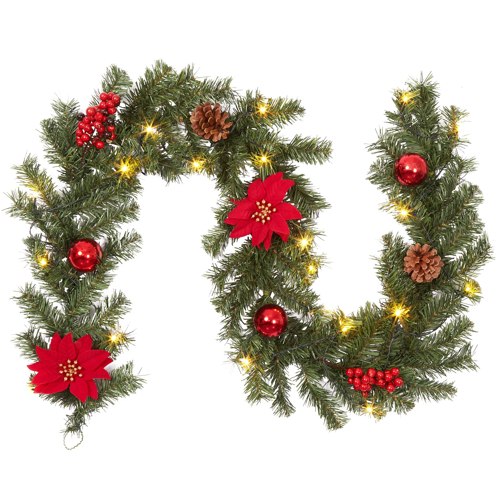 Aoile Christmas Garland with Lights 6Ft Battery Operated Garland Christmas Decorations with Poinsettias Ball Ornaments Prelit Xmas Garlands for Mantle Fireplace Stair Railing Decor Red