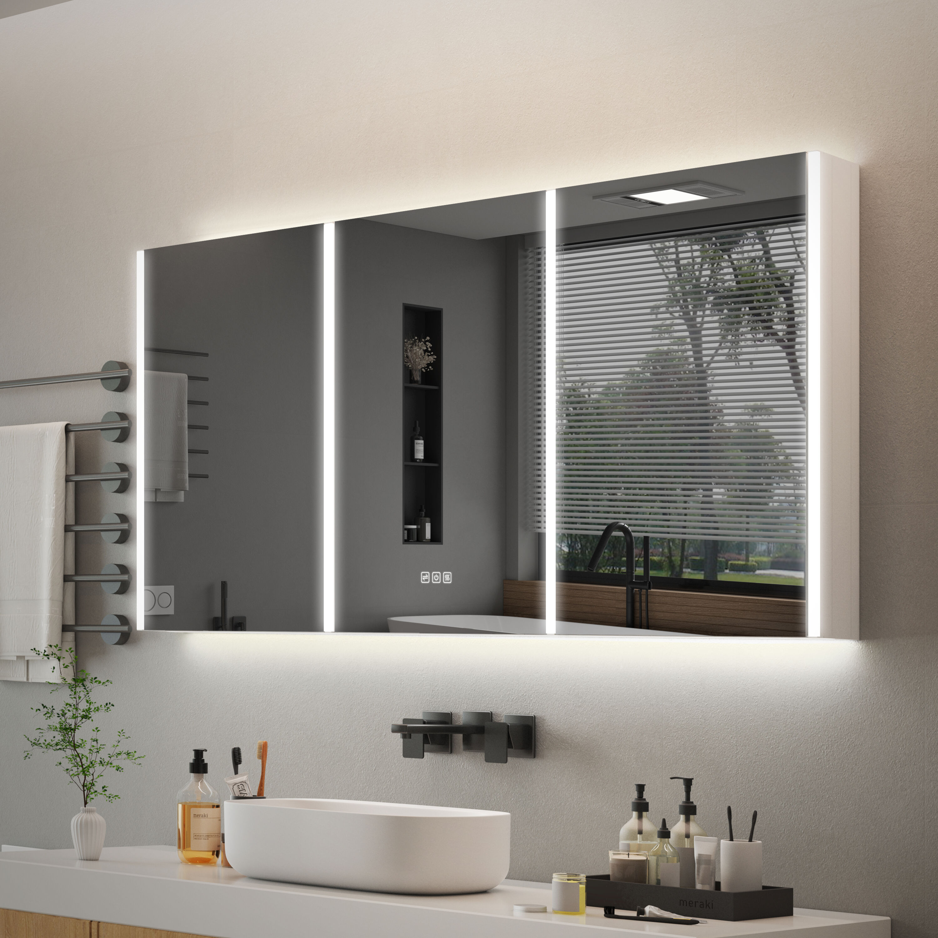 CALVON M14ABMR6030 Multi-Light Strip LED 60-in x 30-in Lighted LED Fog Free Surface Mount Silver Mirrored Rectangle Soft Close Medicine Cabinet with Outlet