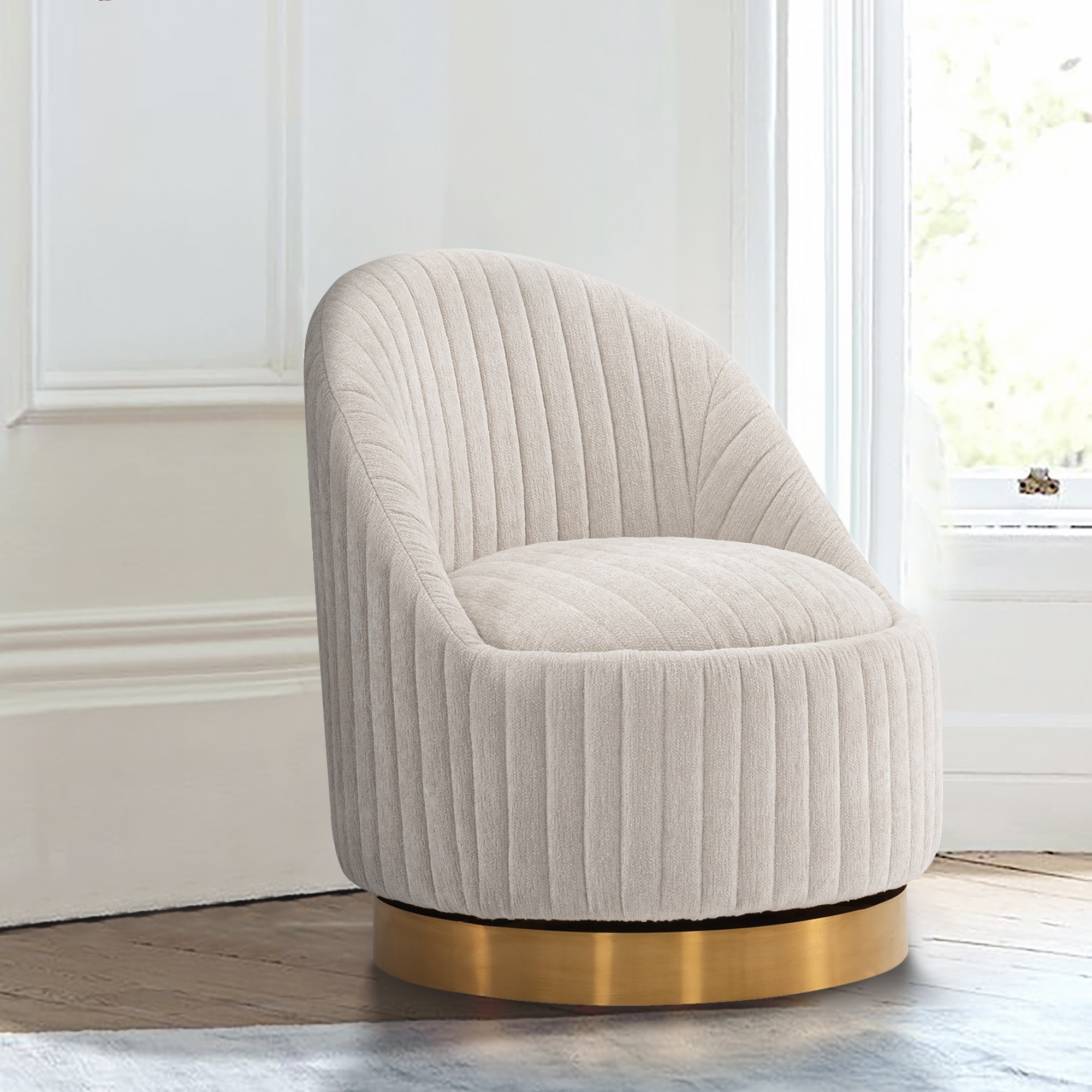 Cream Boucle Upholstered Swivel Accent Chair with Gold Base