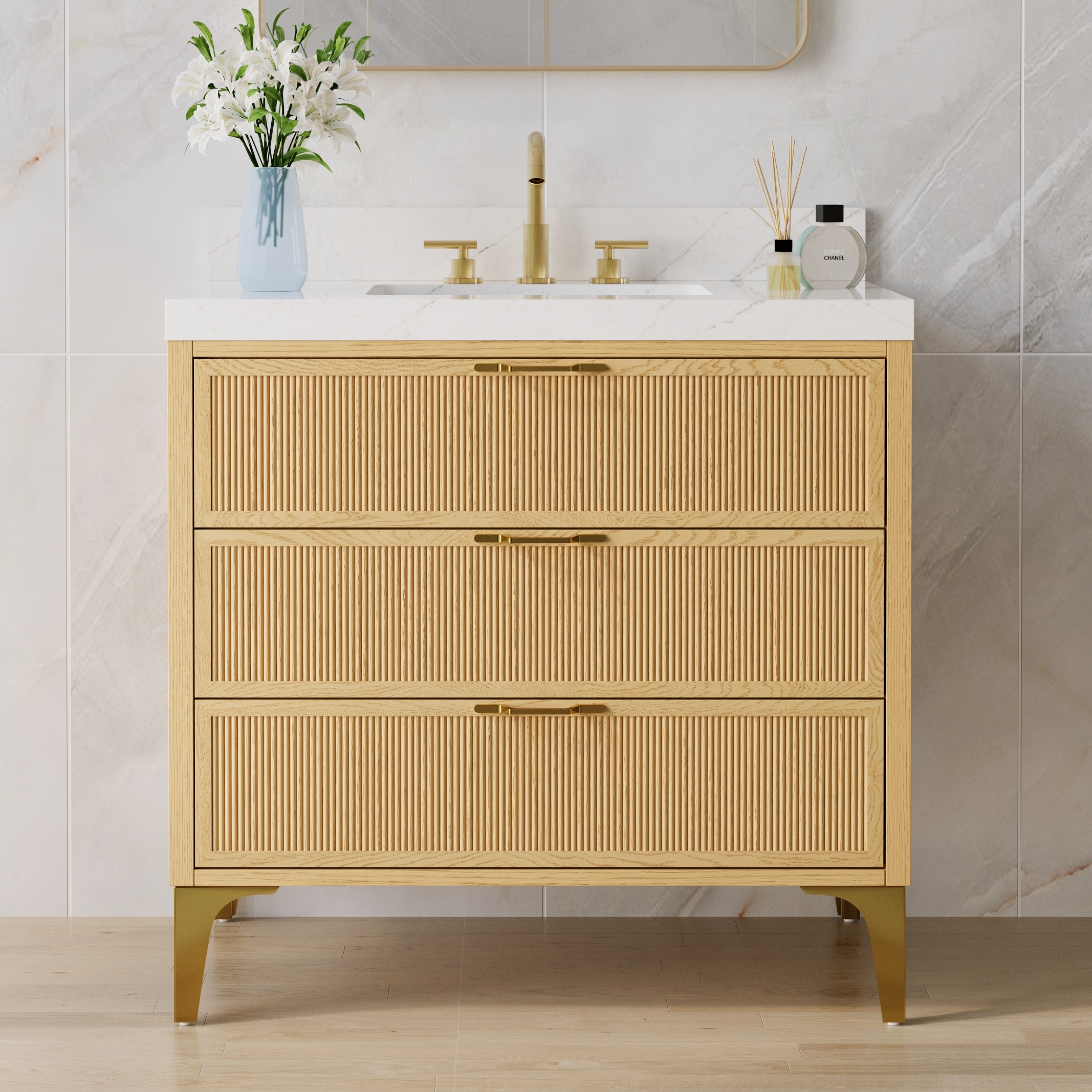 Forclover Fully Assembled Oak Vanity 36-in Oak Undermount Single Sink Bathroom Vanity with White Quartz Top (Fully Assembled)