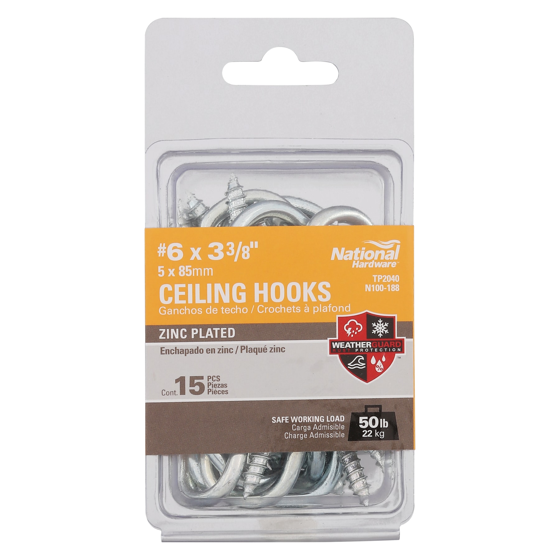 National Hardware #6, 3-3/8-in Ceiling Hook 15-Pack Zinc Plated Screw  Ceiling Hook (50-lb Capacity)