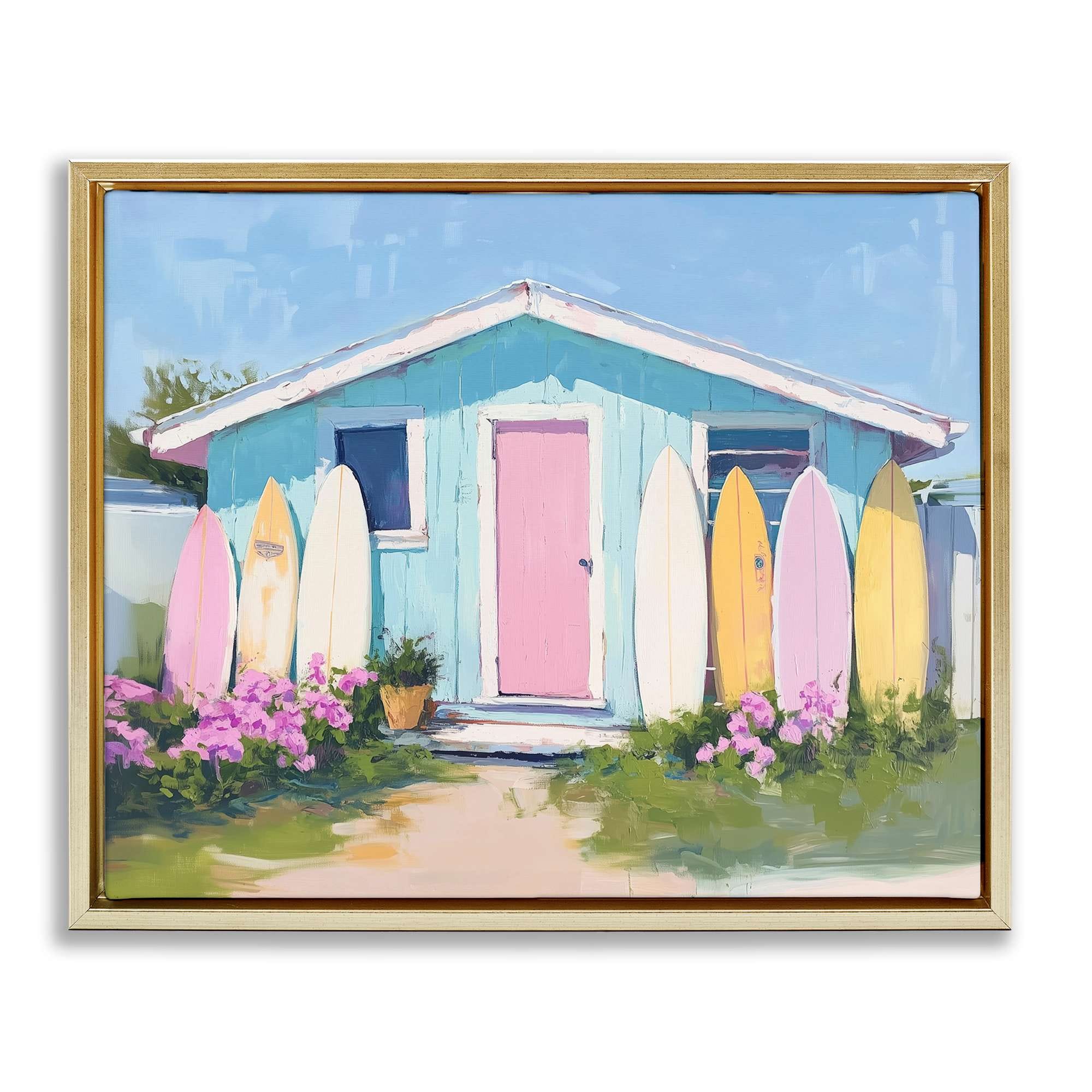 Stupell Industries BT-696-FFG-16X20 Cabin with Pastel Surfboards Gold Framed Floater Canvas Wall Art By Arlington Prints 21 x 17