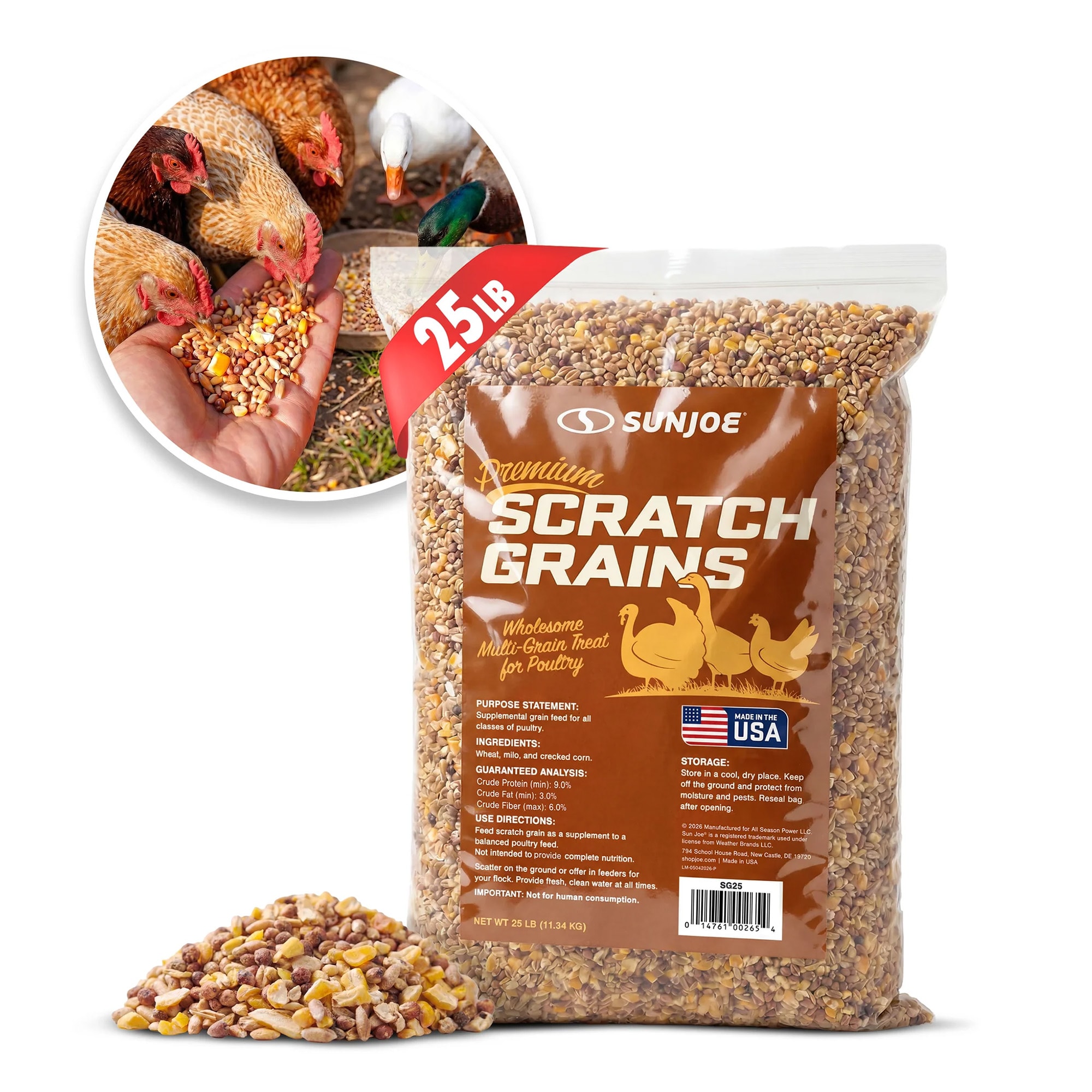 Sun Joe  Premium Poultry Scratch Grain Chicken Feed and Treats 25 lb Bag
