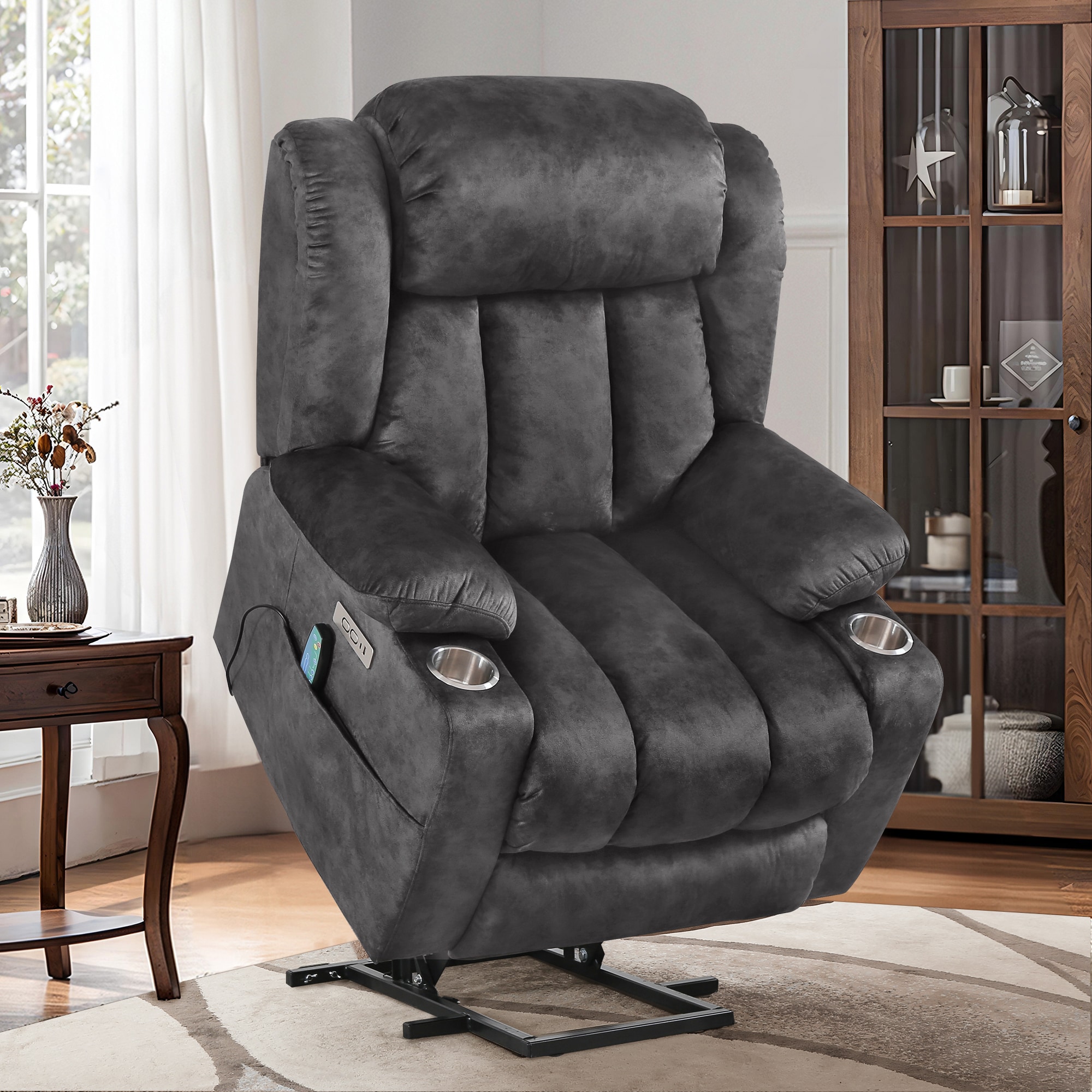 LUE BONA SN-010-02LS Gray Textured cotton Upholstered Powered Reclining Massage chair with Lift Assistance
