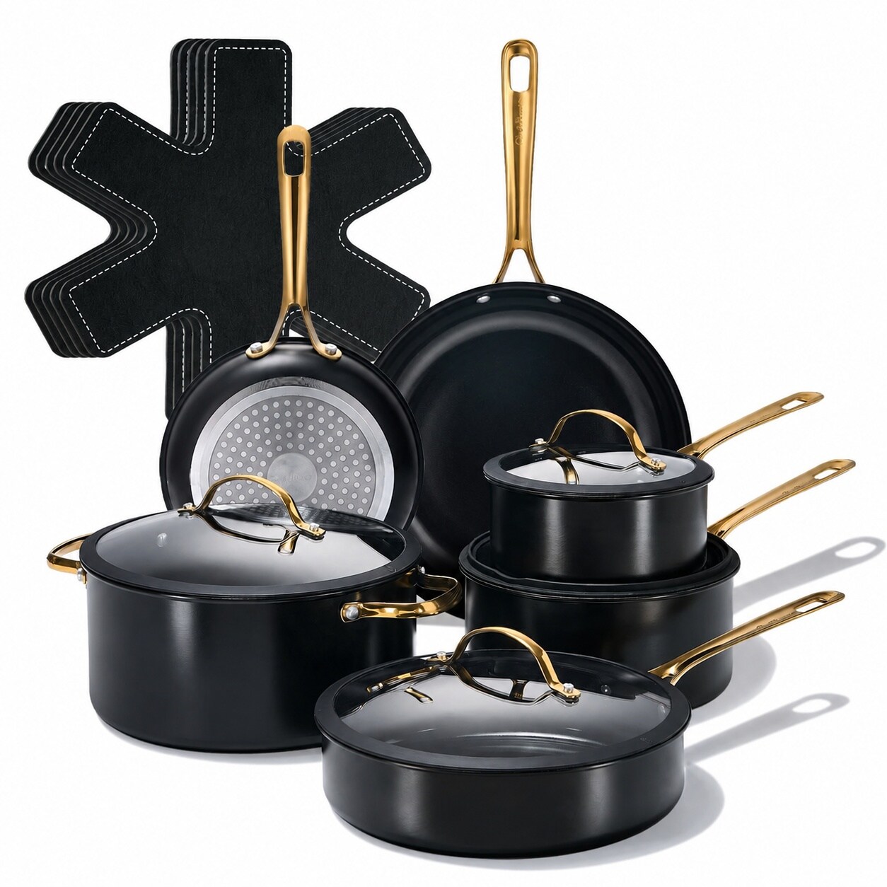 DHMHD Ceramic Cookware Set 15 Pieces Nonstick Pots and Pans with Stainless Steel Handles Dishwasher and Oven Safe Stone Black with Light Gold #LDH0817X428