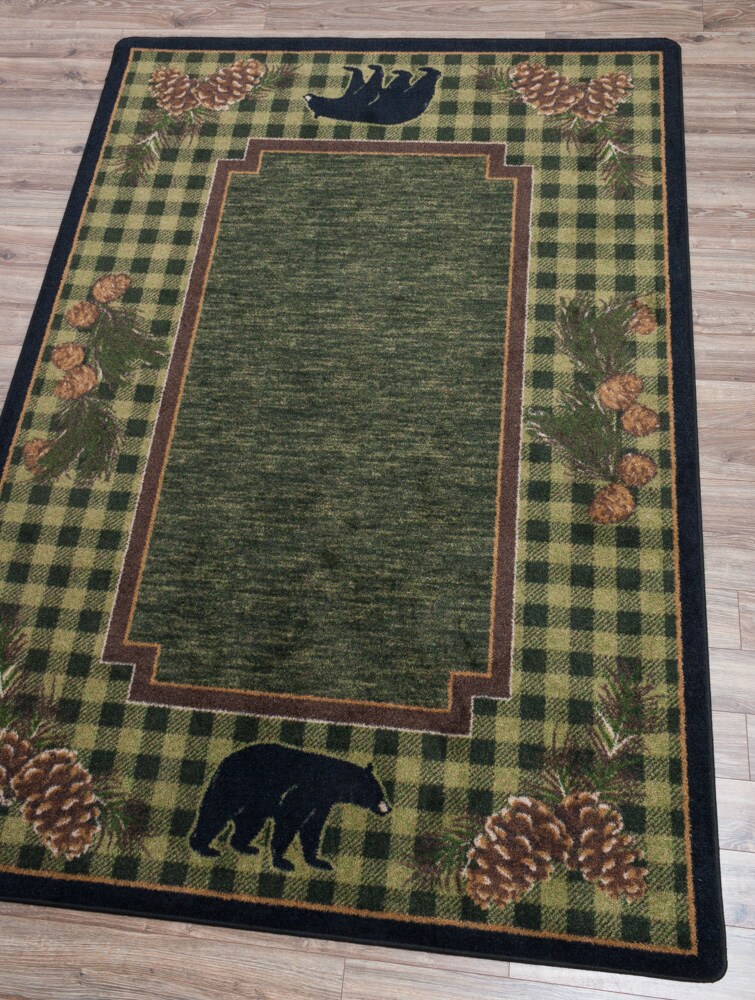 3' x 4' Patchwork Bear & Pinecones Green Rectangle Nylon Area Rug