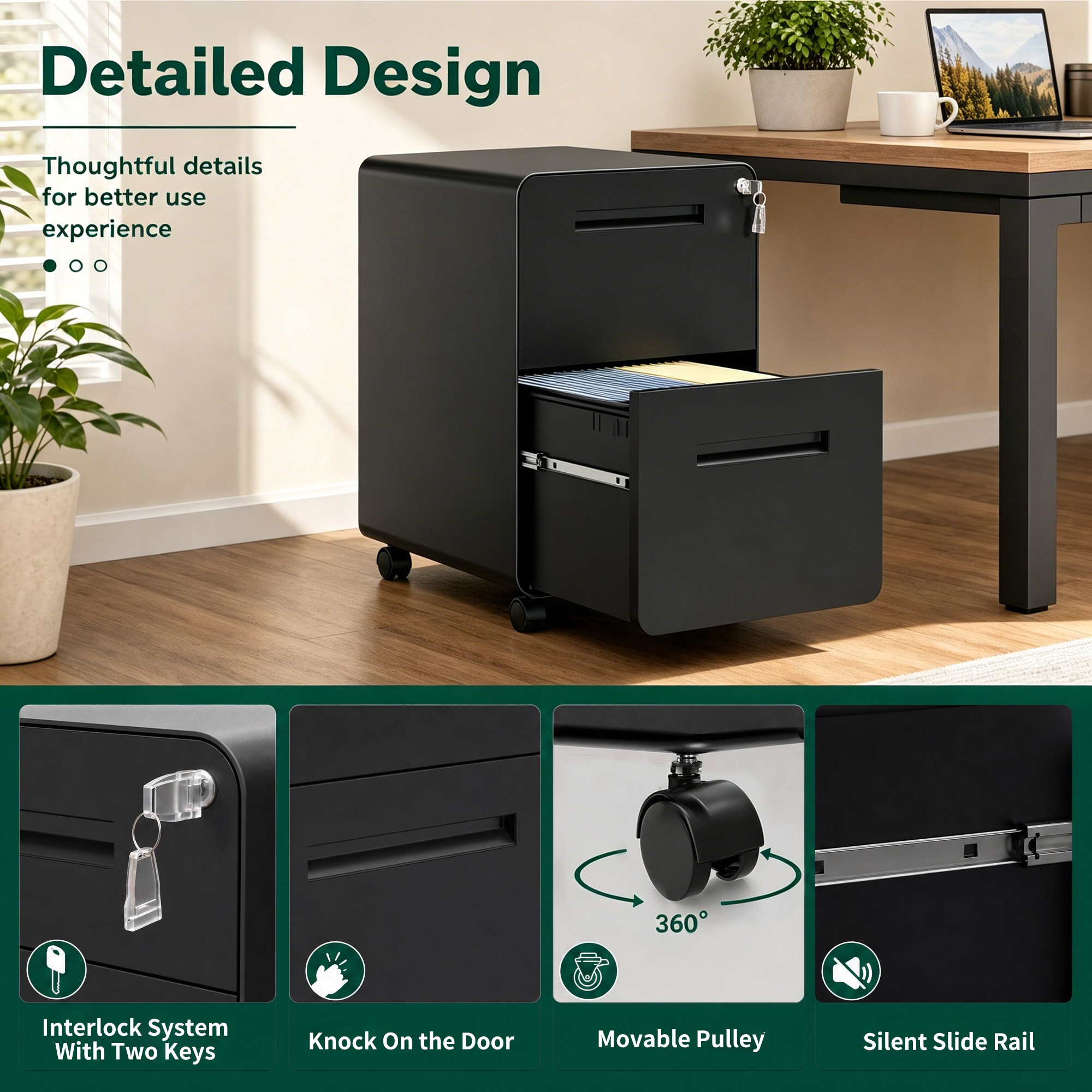 Tinyhomie 2 Drawer Metal Mobile File Cabinet with Lock All-Steel Metal ...