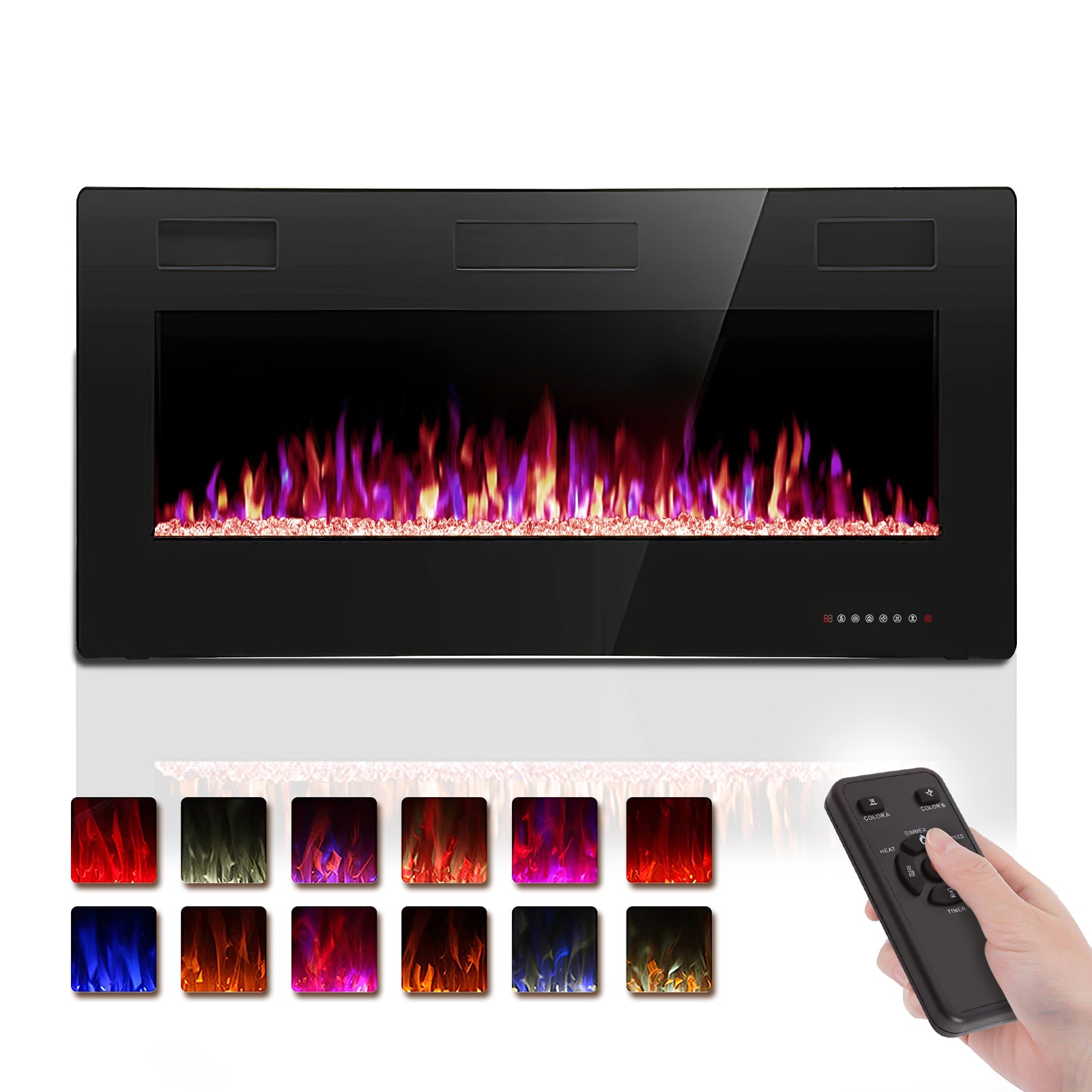 R.W.FLAME 836C3 RWFLAME 36 Wall-Mounted Electric Fireplace with Touch Screen Remote 12 LED Flame Colors Overheat Protection Ultra-Slim Low Noise Design
