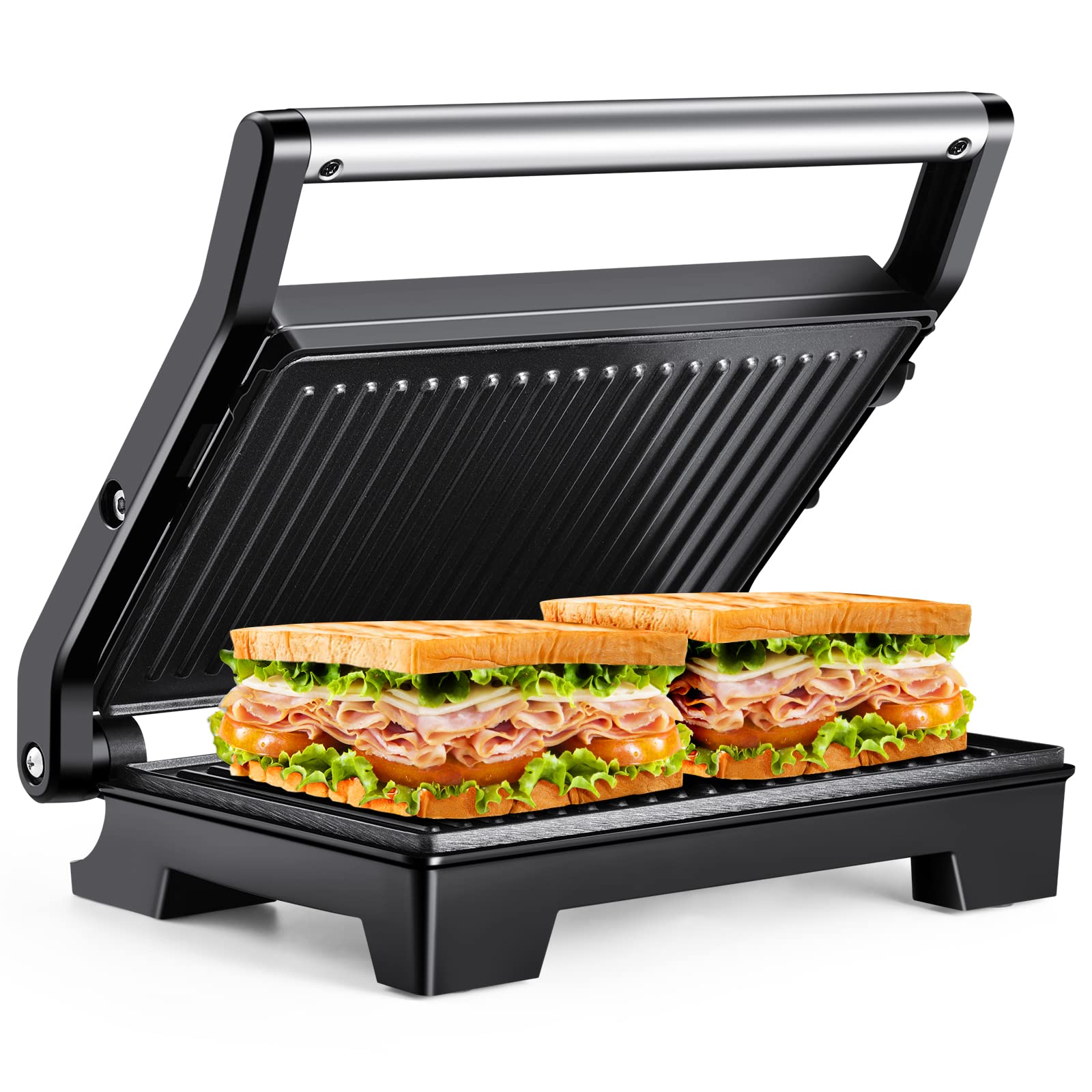 JVFCXXV LJV0713C091  Panini Press Sandwich Maker 4 Slice Non Stick Grill with Adjustable Temperature Control Opens Flat for Indoor Grilling Removable Drip
