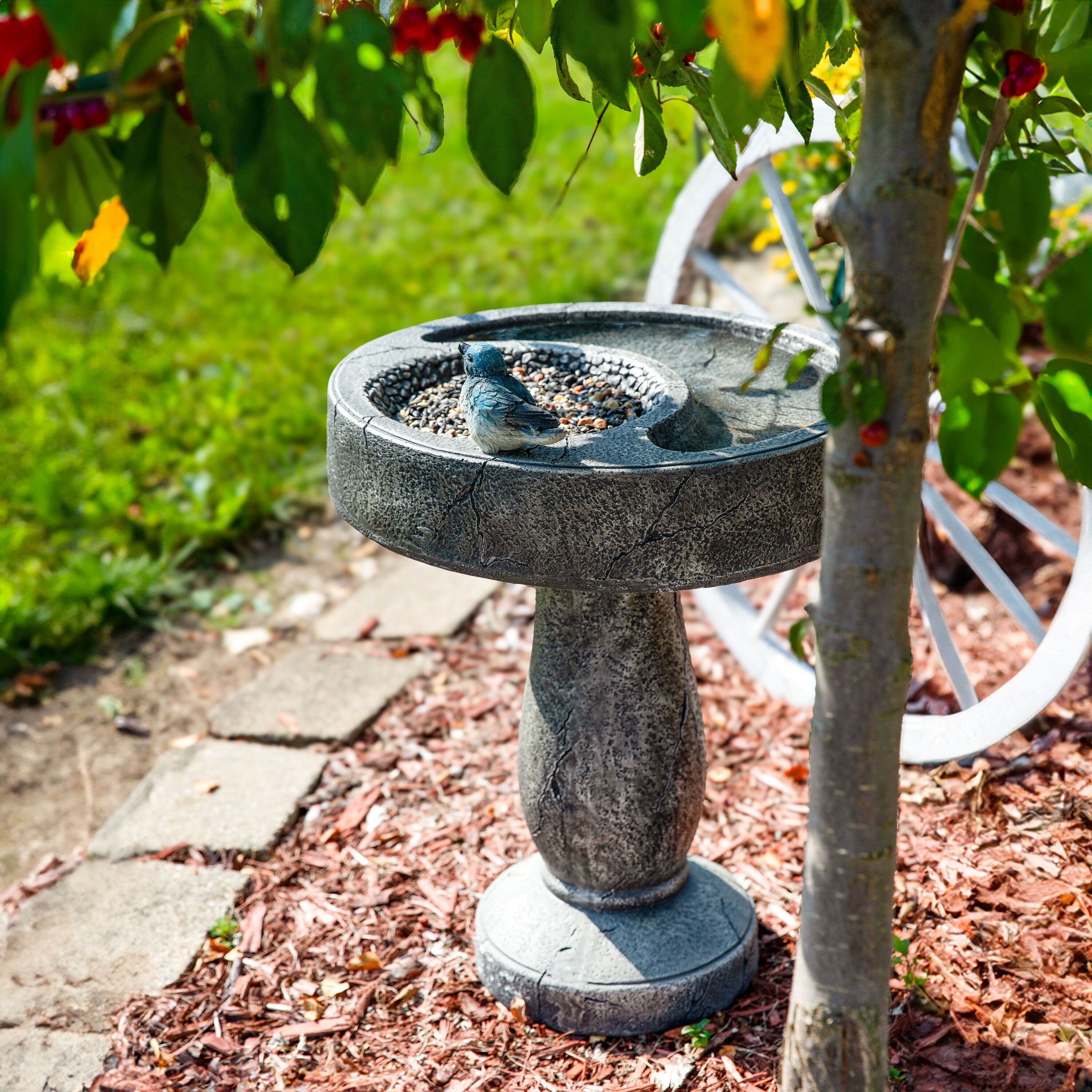 Gray Polyresin Bird Bath with Feeder Compartment, 27" Tall