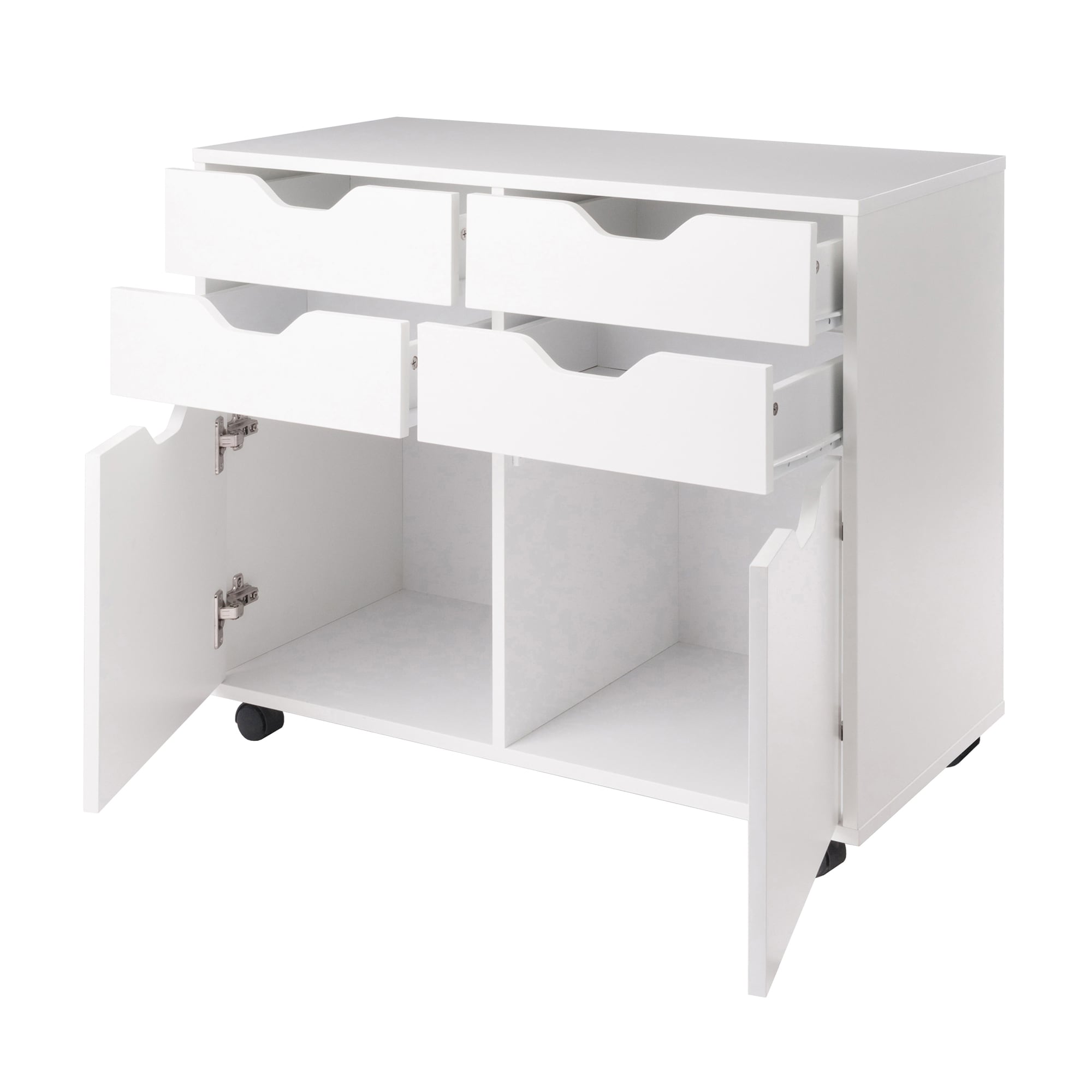 Modern White Composite Wood Mobile Storage Cabinet with Locking Wheels