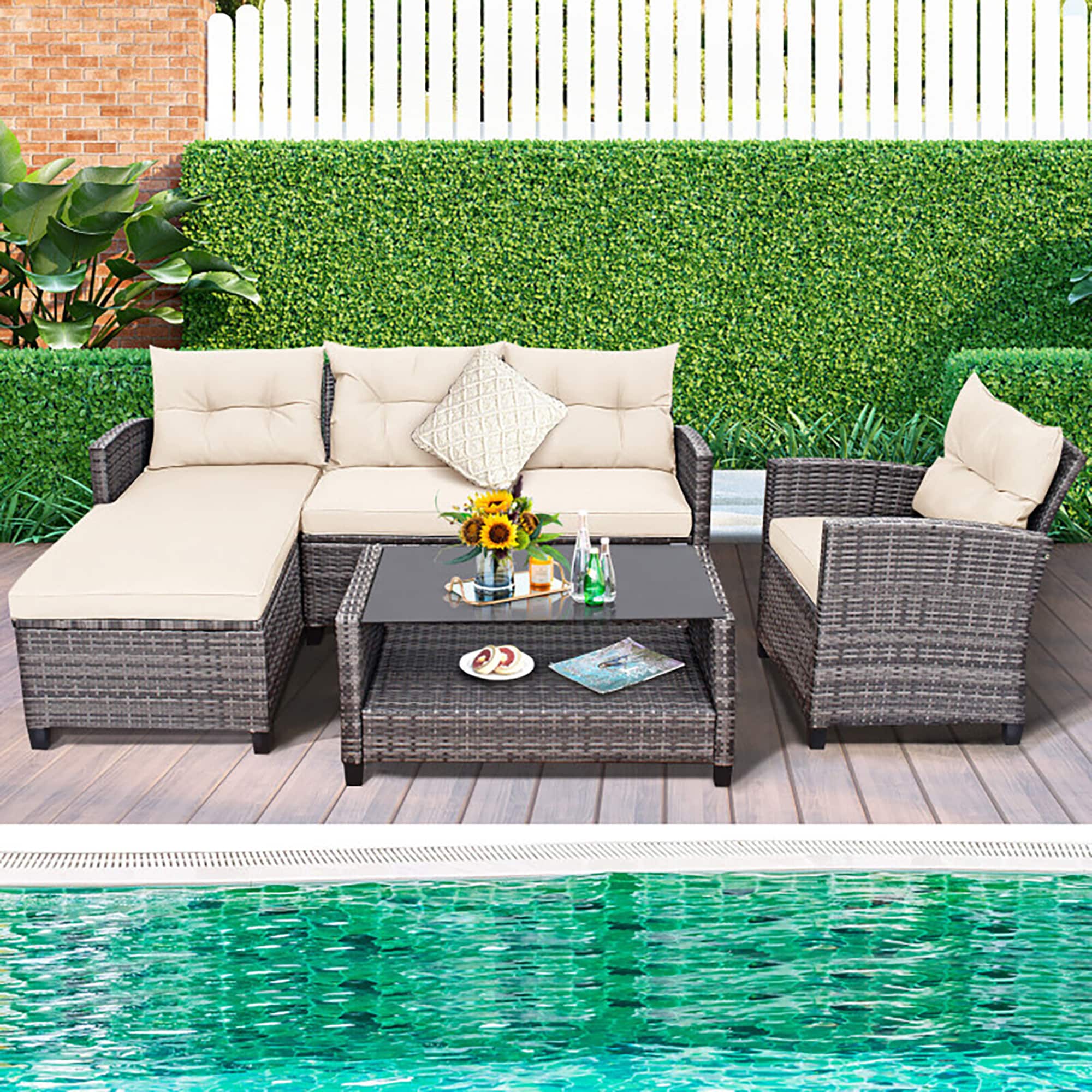 Off-White 5-Person PE Rattan Patio Furniture Set with Cushions and Glass Table