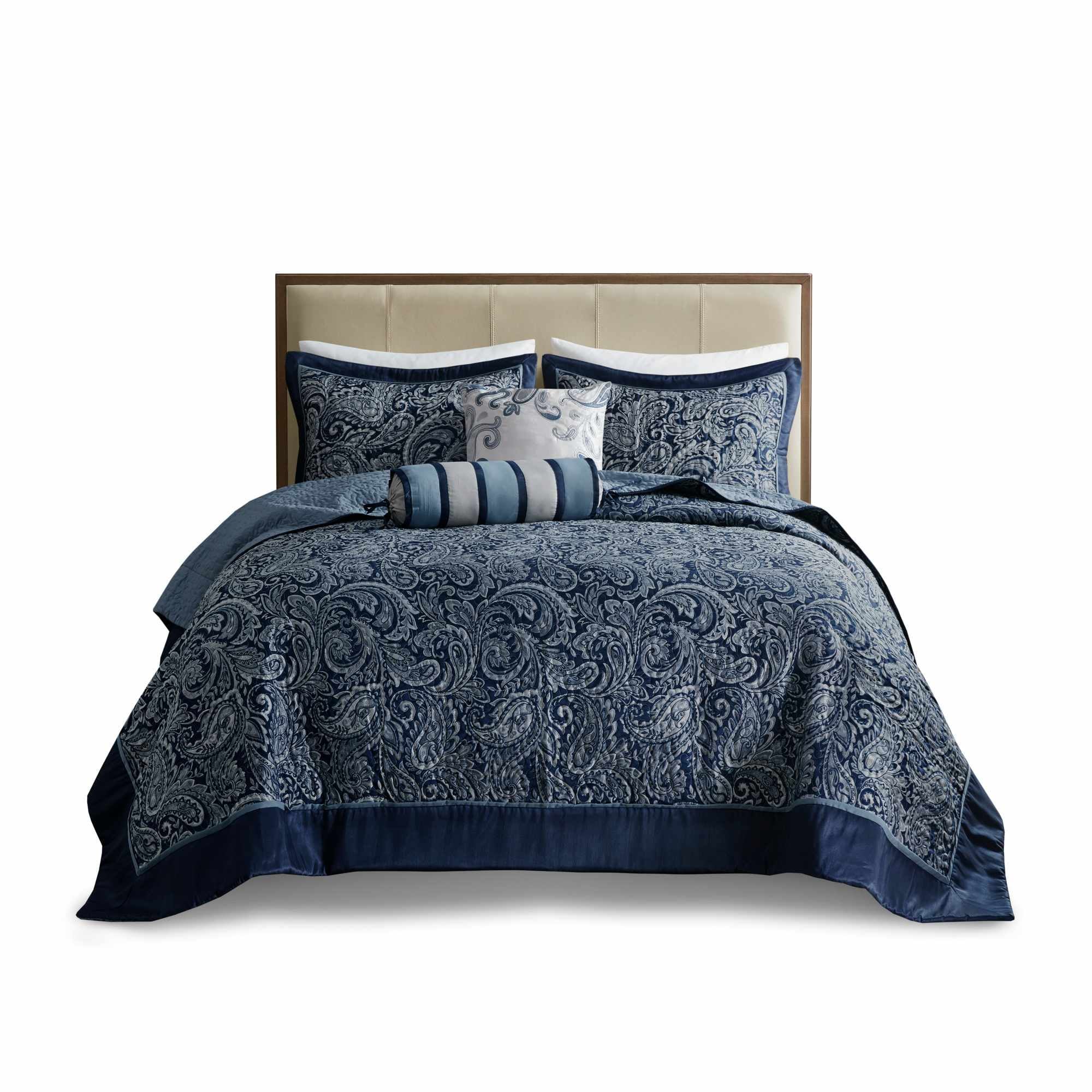 Vynxaria LESX0767-DJDJT-CP06 5 Piece Queen Jacquard Bedspread Set with Throw Pillows Navy