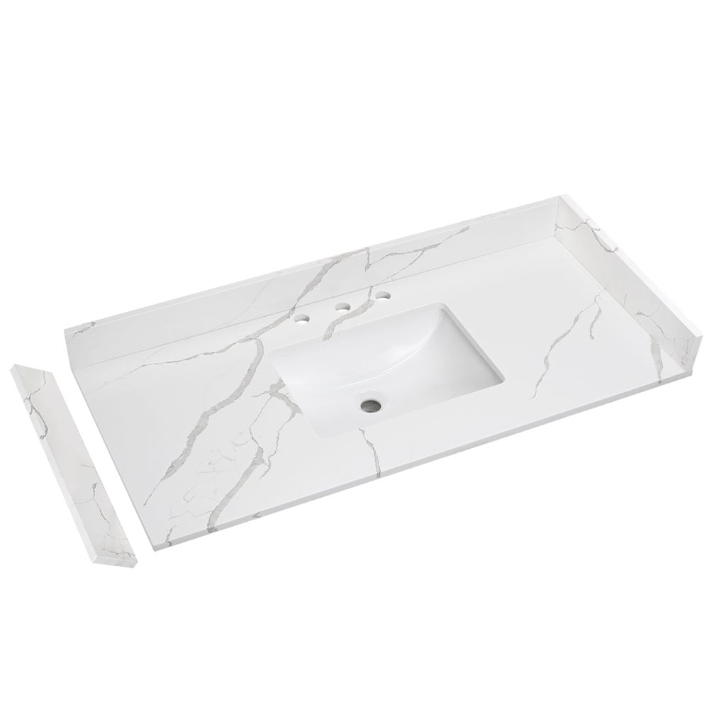 EQLOO 48 Inch Calacatta River Quartz Vanity Top with Undermount Middle Sink with 3 Faucet Holes Equipped with One Backsplash and Two Sidesplash