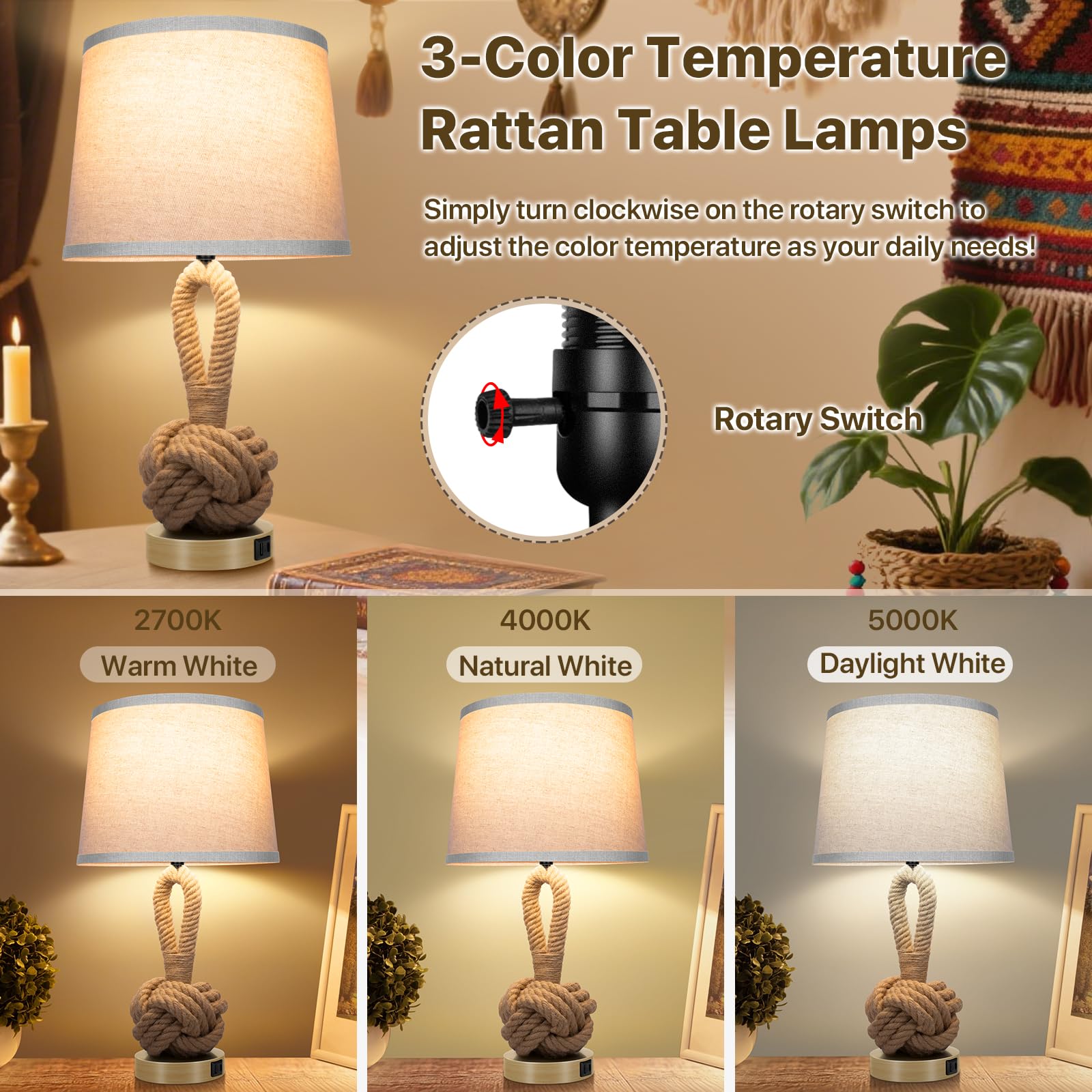 IUEST 22 Inch Rope Lamps Set of 2 Bedside Table Lamps with 3 Color ...