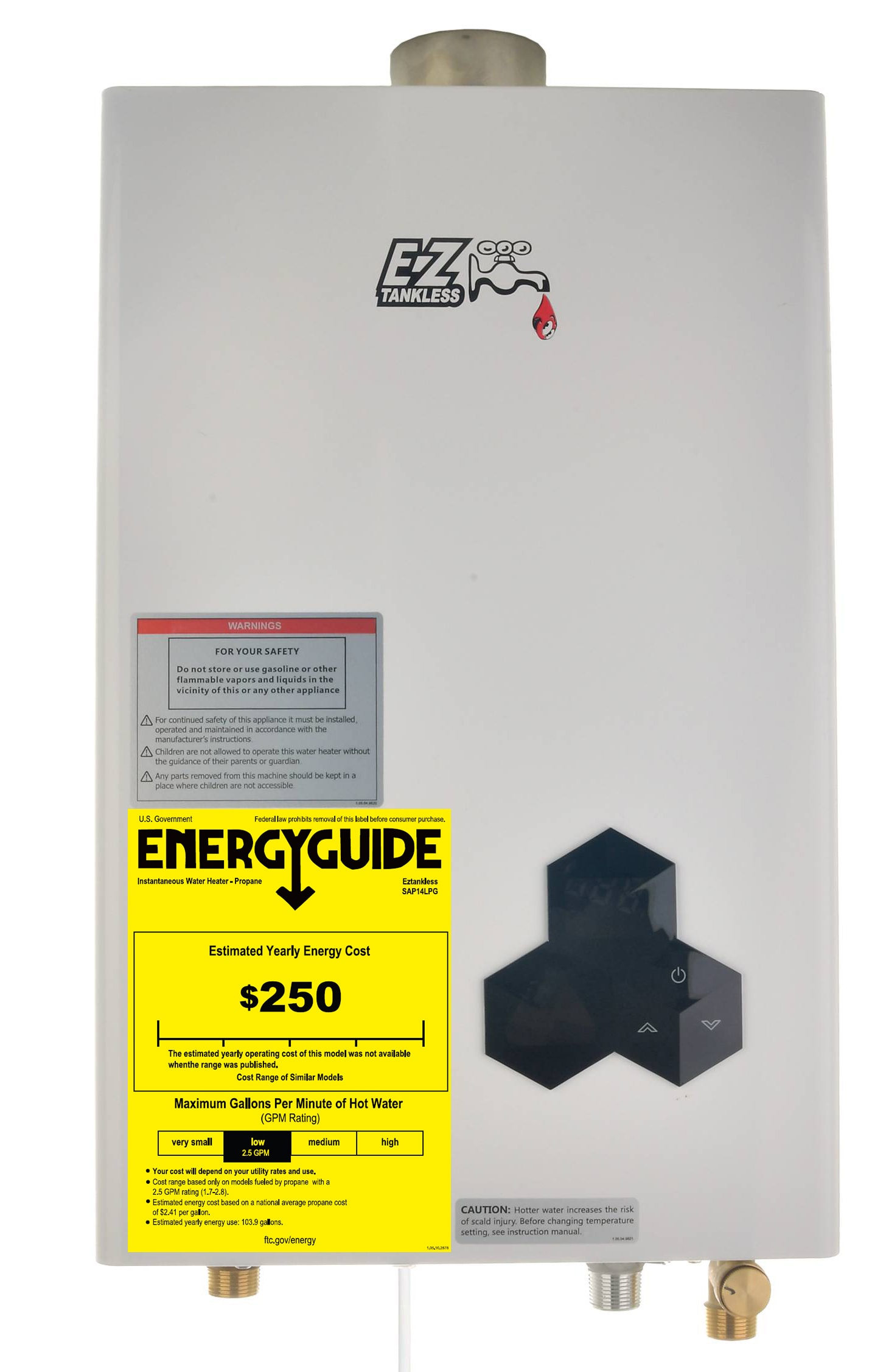 EZ Tankless The Sapphire Series 14l Is A 100,000-BTU Indoor Tankless Water Heater Capable Of Producing Up To 5.3-Gallon Per Minute (-GPM). with Low Water Flow Ignition, The Sap-14l Will Ignite At Just 0.5-Gallon Per Minute. It’s Designed To Save You Space