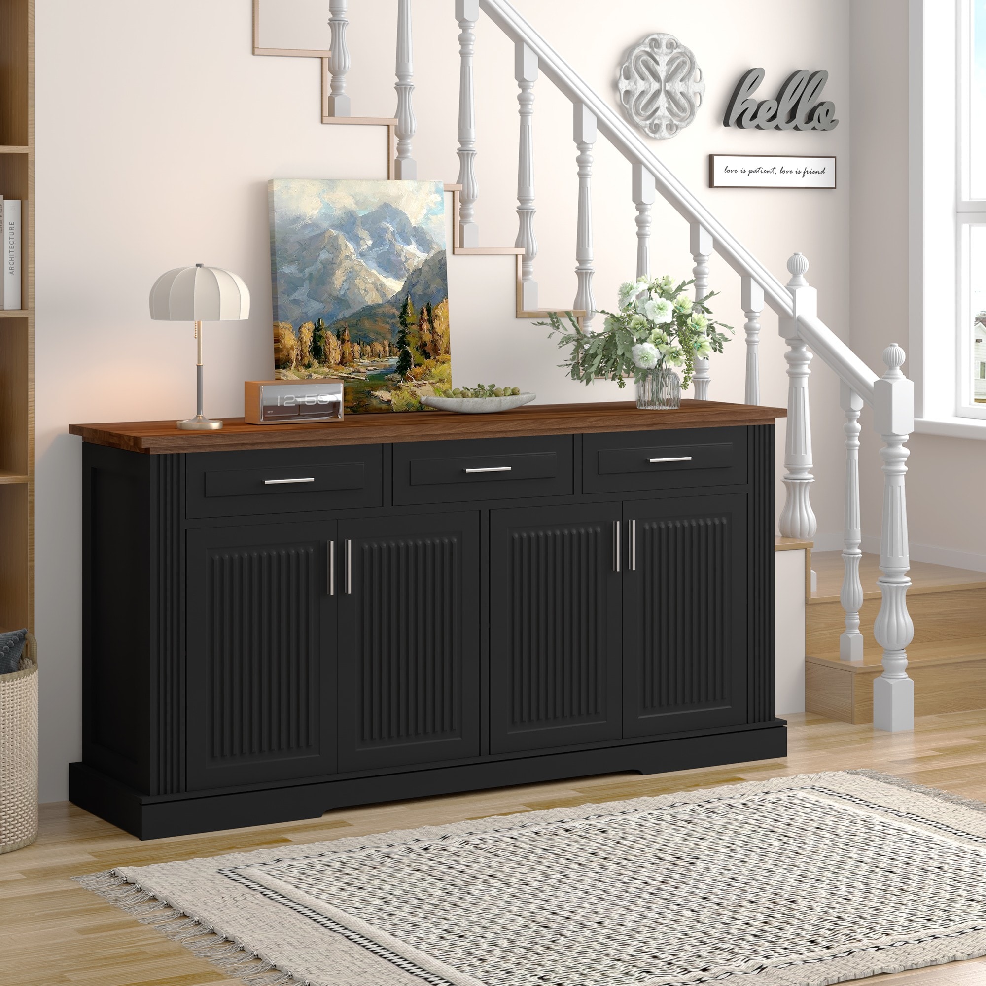 GlasFlength  63-Inch Fluted Sideboard Buffet Cabinet With Drawers Modern Coffee Bar Organization for Kitchen Living Room Dining Room Entryway Black