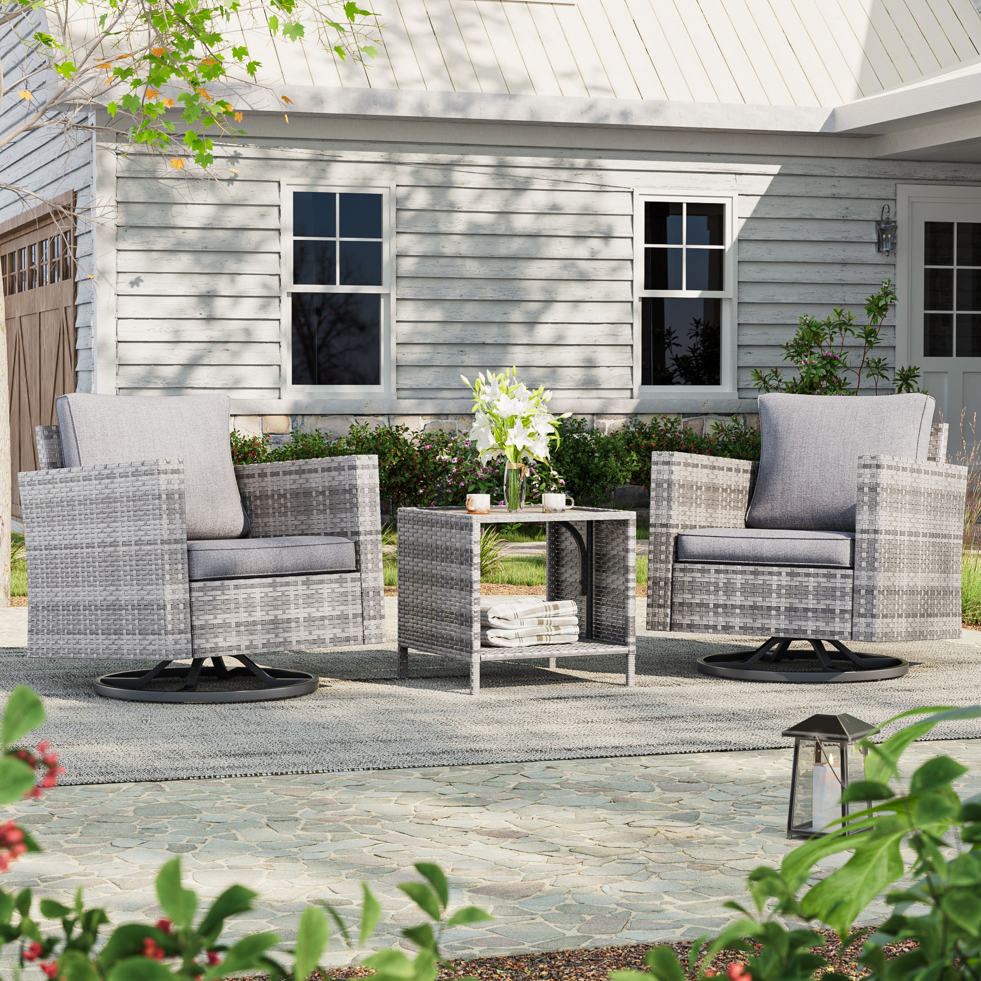 ACEGOSES LW-2R-HLY-T3 Patio Swivel rocker chairs 3 -Piece Wicker Patio Conversation Set with Gray Cushions