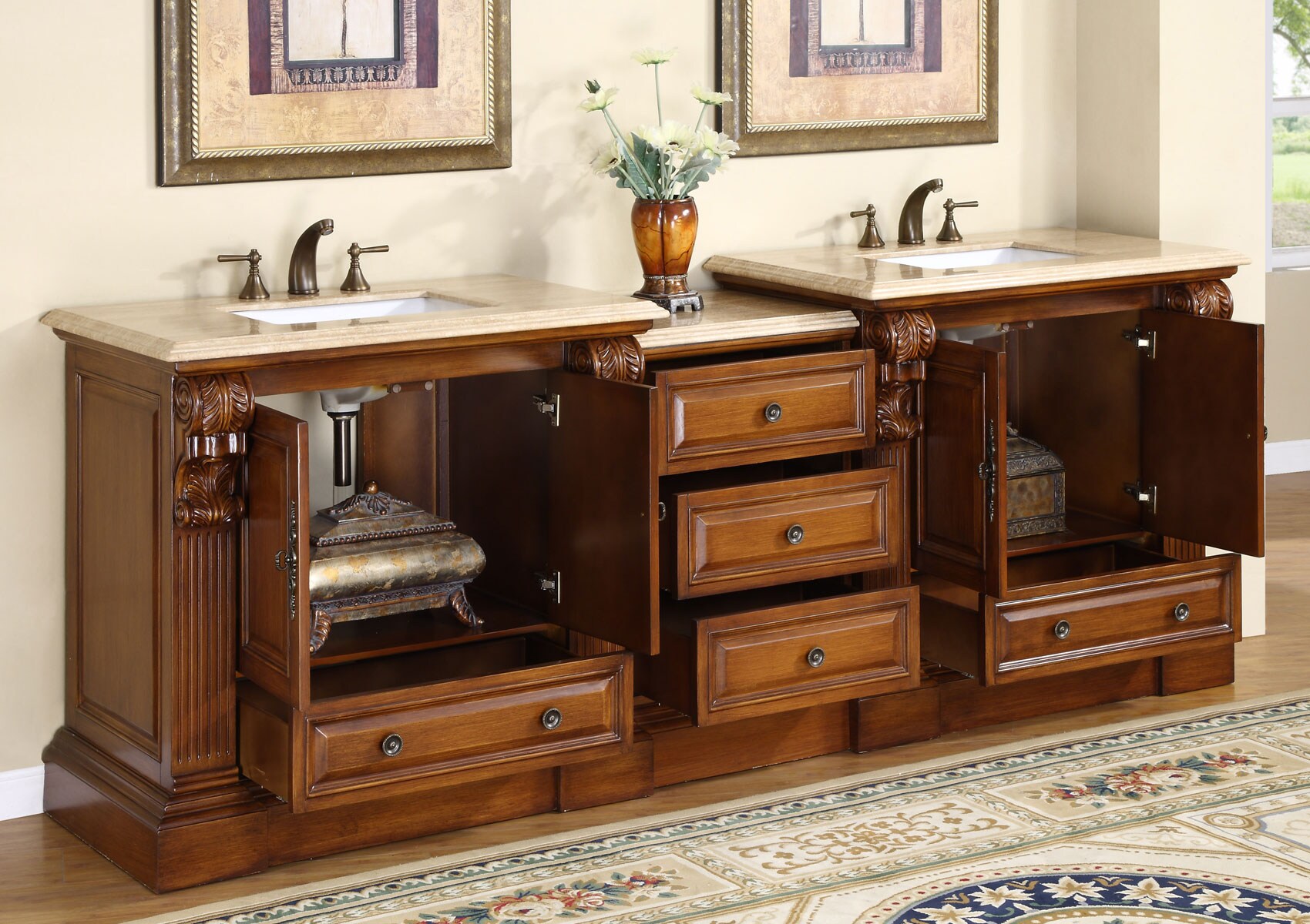 Silkroad Exclusive 95-in Cherry Undermount Double Sink Bathroom Vanity with  Travertine Top in the Bathroom Vanities with Tops department at Lowes.com