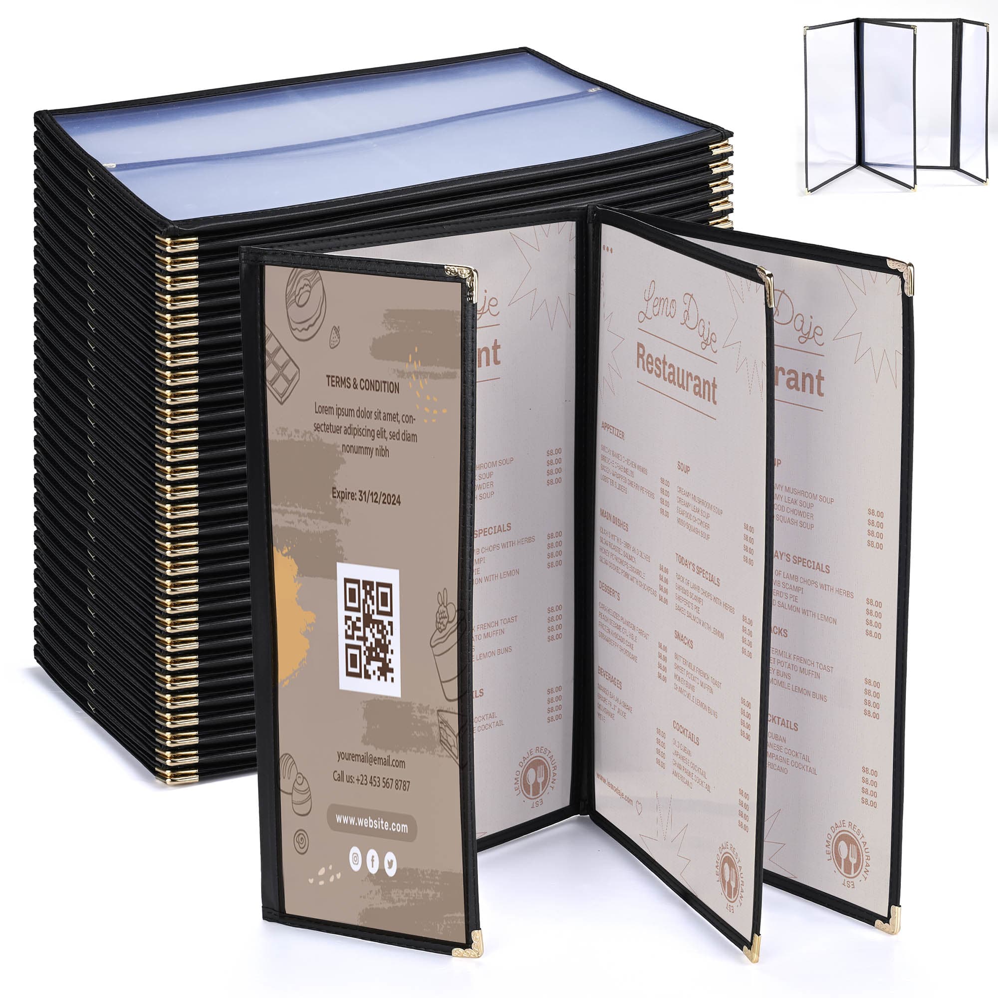Yescom 26MNC031-14BH4-06-LO WeChef 30 Pack Restaurant Menu Covers 8.5x14IN 3 Page 6 View and 4.25x14IN Half Page Wine List Menu Holder Cafe Hotel Bar