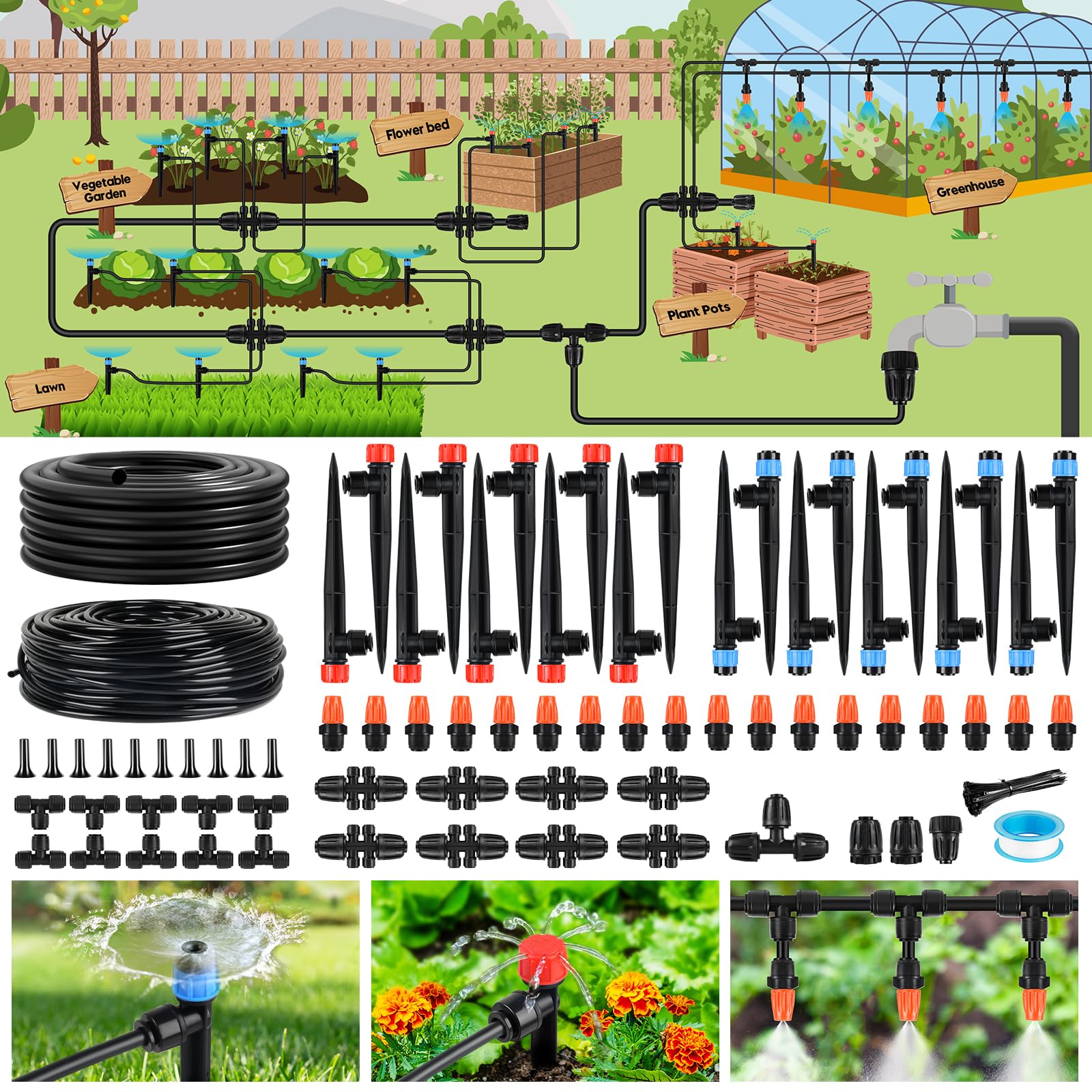 Etokfoks  240FT Drip Irrigation Kit with 1/2 Inch and 1/4 Inch Tubing 38 Adjustable Emitters Quick Connect System for Garden Greenhouse Raised Beds Lawns
