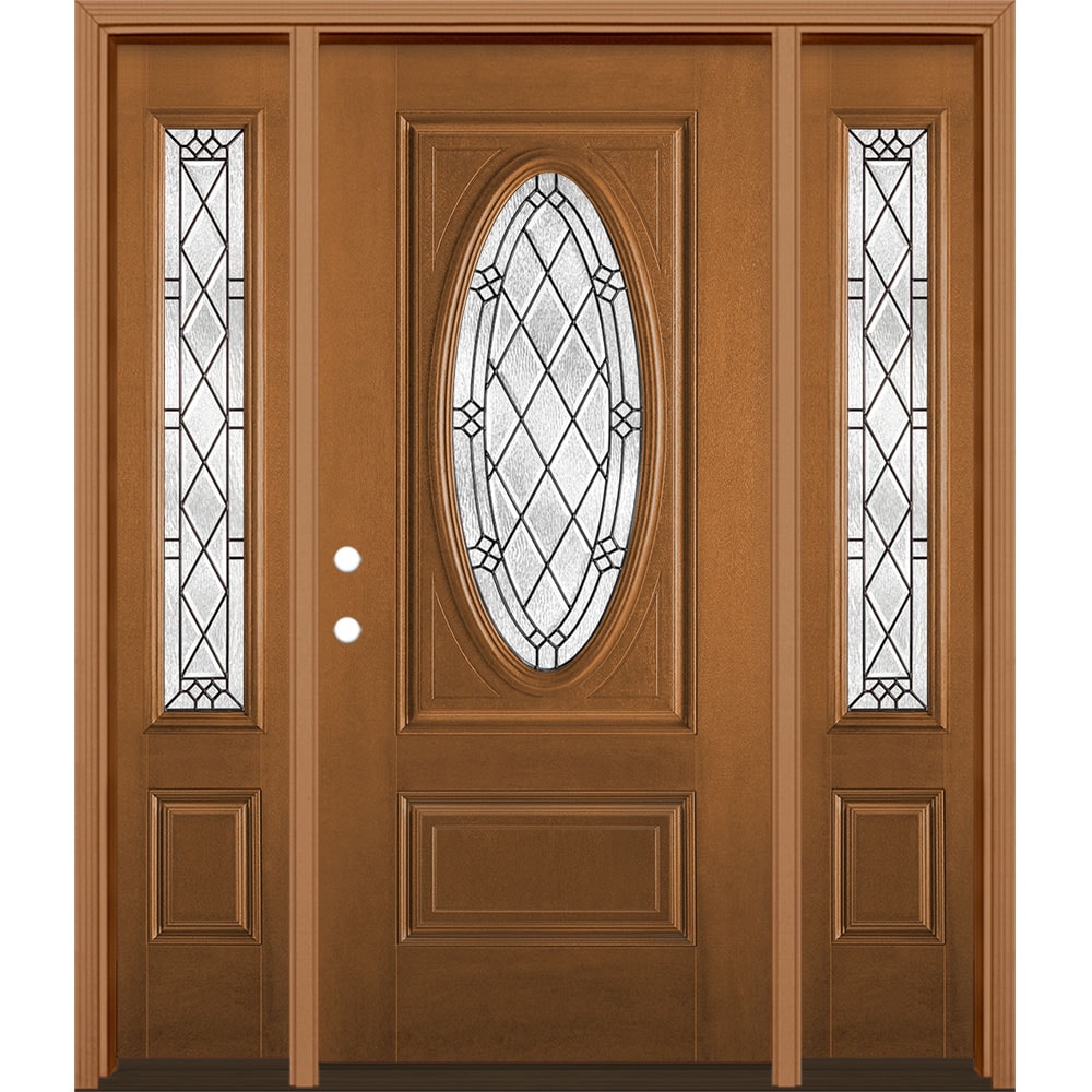 Masonite 3349931 Alston 60-in x 80-in x 4-9/16-in Fiberglass Oval lite Right-hand inswing Woodhaven Stained Prehung Front Door with Sidelights with Brickmould Insulating core
