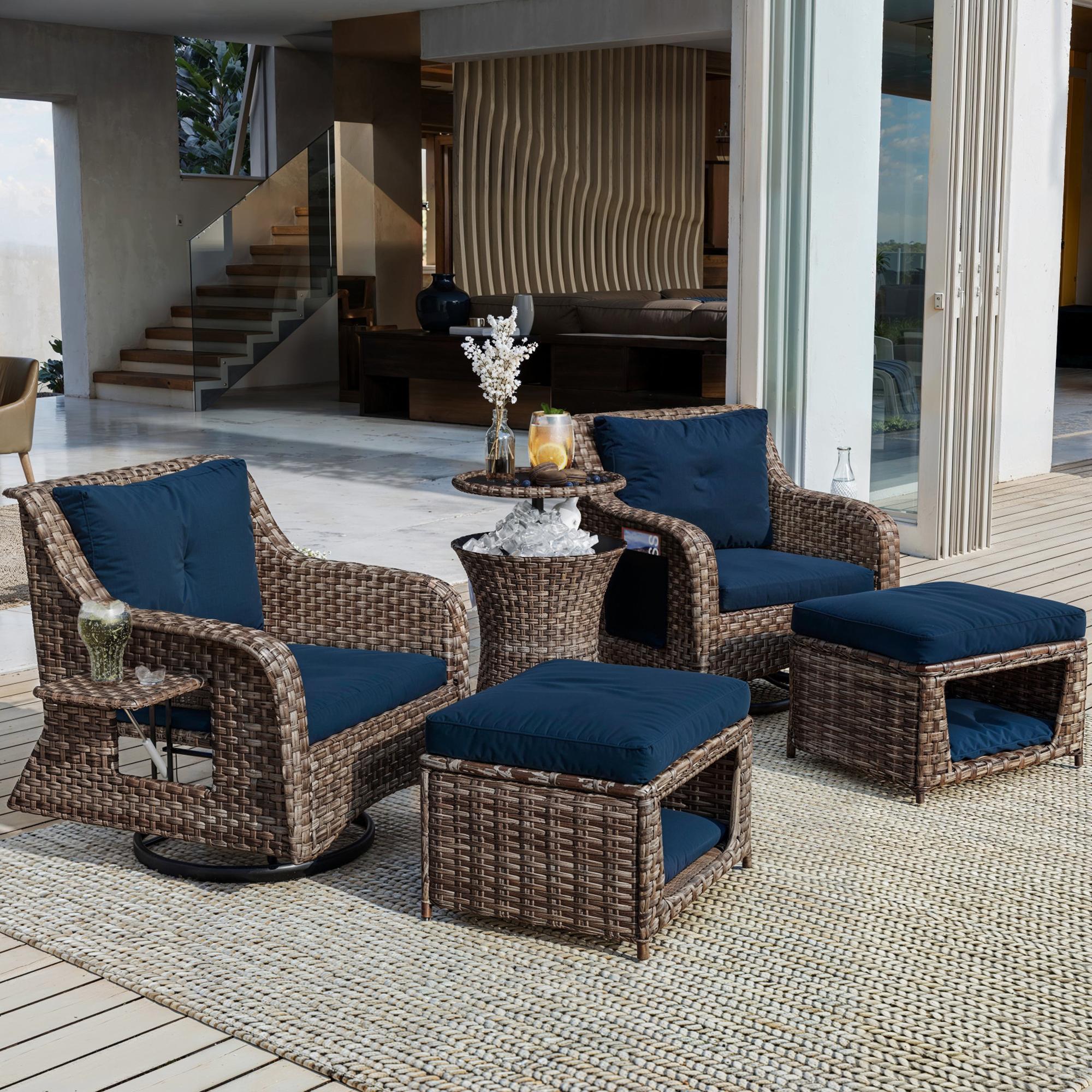 Bayfeve BFKK-6C-PCS Patio Furniture Set 5 -Piece Rattan Patio Conversation Set with Blue Cushions