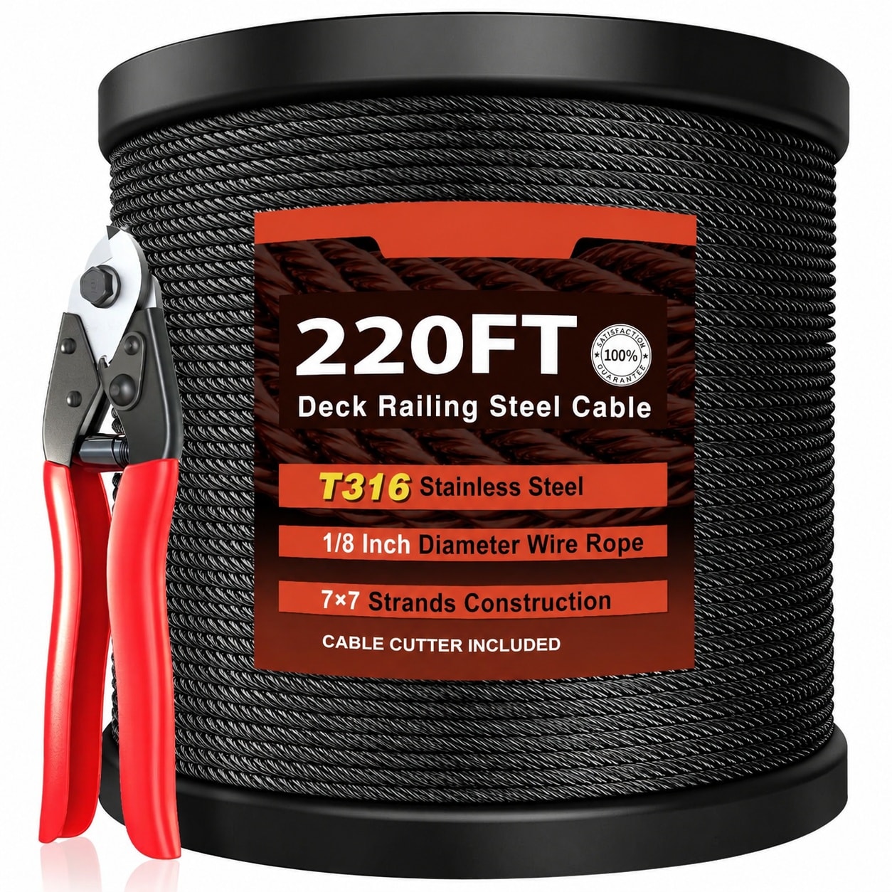 Afoxsos  Two Hundred Twenty Foot Black Wire Rope One Eighth Inch T316L Marine Grade Stainless Steel Cable Seven by Seven Strands for Stair Fence