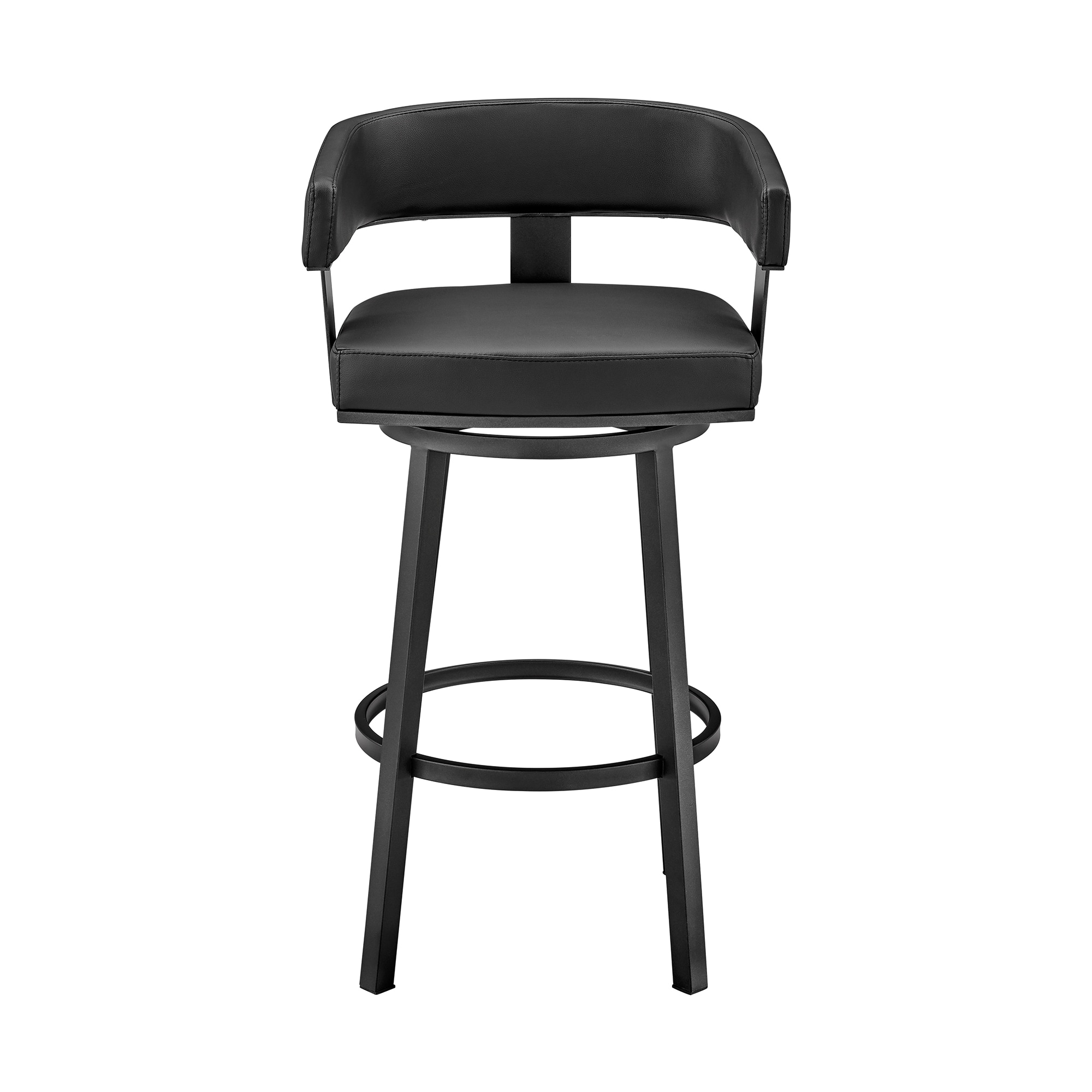 Armen Living LCLRBABLBL26 Black Finish Paint Frame 26-in H Counter height (24-in to 27-in) Bucket Seat Upholstered Swivel Metal Bar Stool with Arms