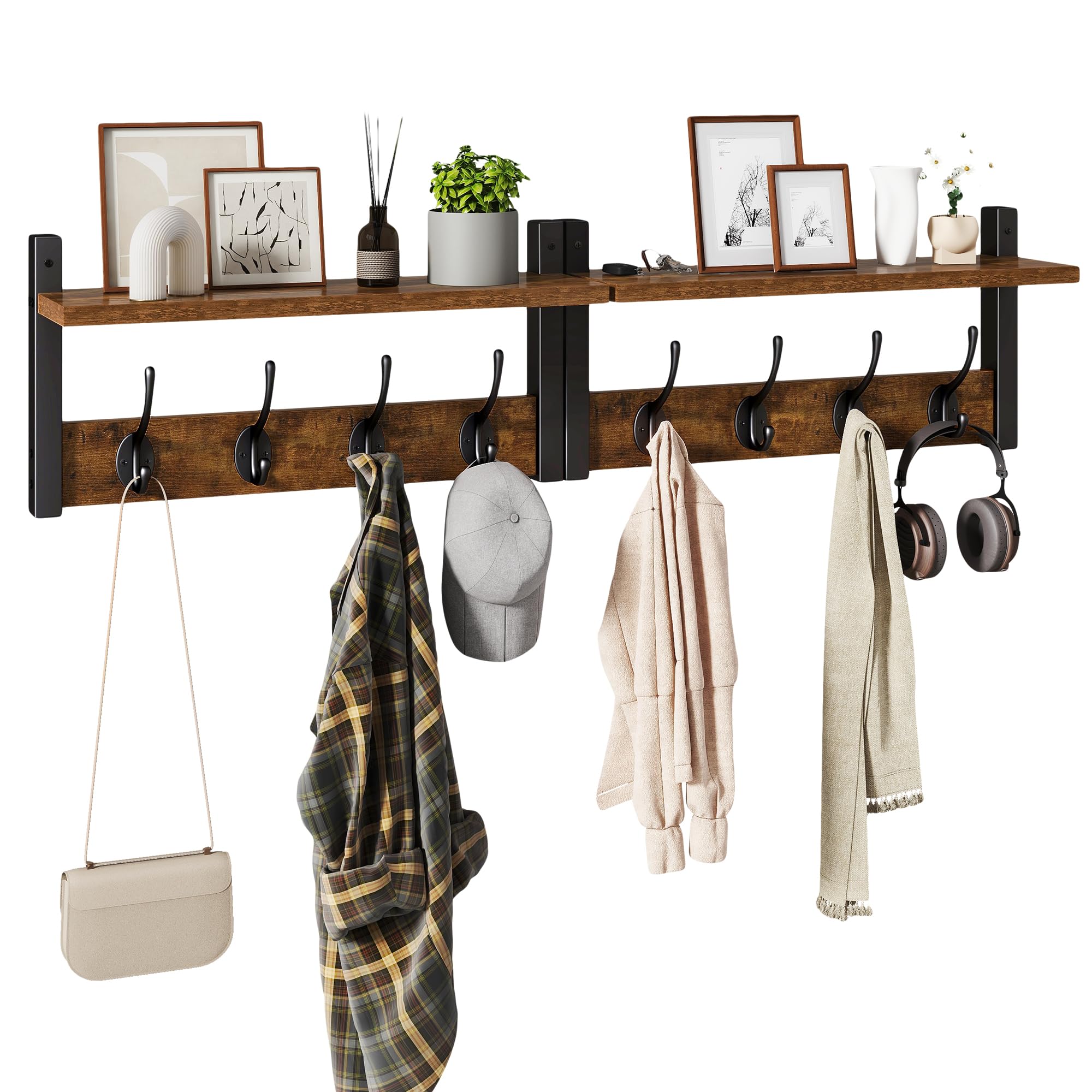 LAIFUCAM  Coat Rack Shelf Wall Mounted Set of 2 with 8 Hooks 31 Inch Floating Shelf for Entryway Hats Bags Keys Kitchen Bedroom Bathroom