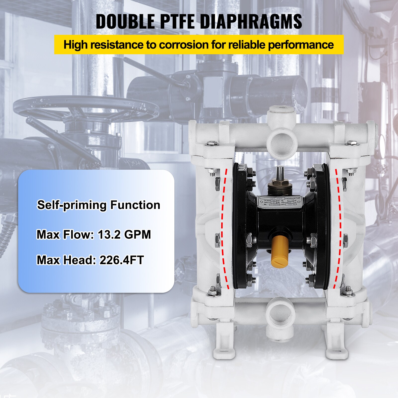 VEVOR Pompe Pneumatique à Membrane en Polypropylène Pompe à Membrane  Pneumatique Double, Diaphragme en Nitrile Pompe à Air à Membrane 2  Diaphragme Pompe à Membrane pneumatique, Aspiration: 0 à 5 m