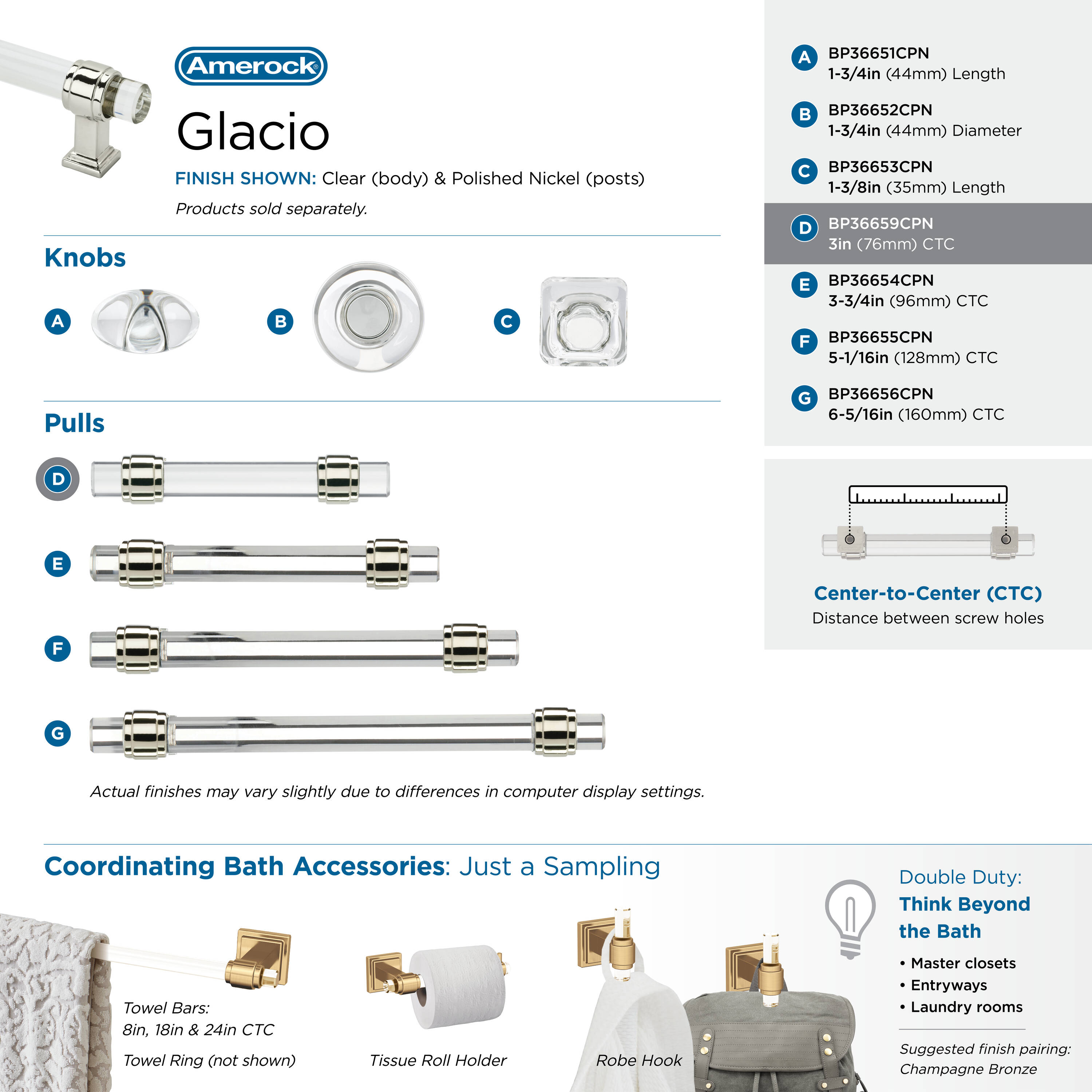Clear and Polished Nickel 3" Modern Cabinet Pull