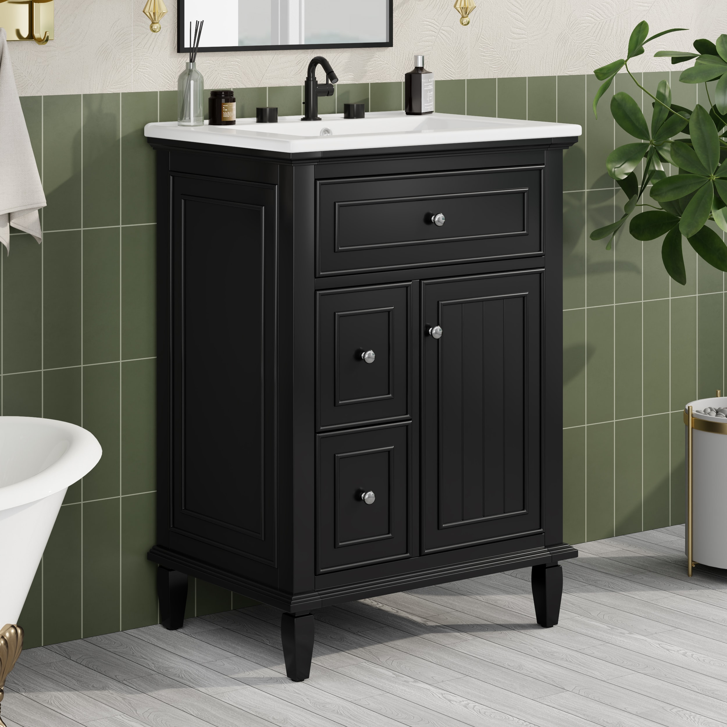 GDFStudio 342123 24 Inches Bathroom Vanity with Sink Bathroom Vanity Cabinet with One Flip Drawer and Two Drawers Adjustable Shelf Solid Wood and Mdf Black