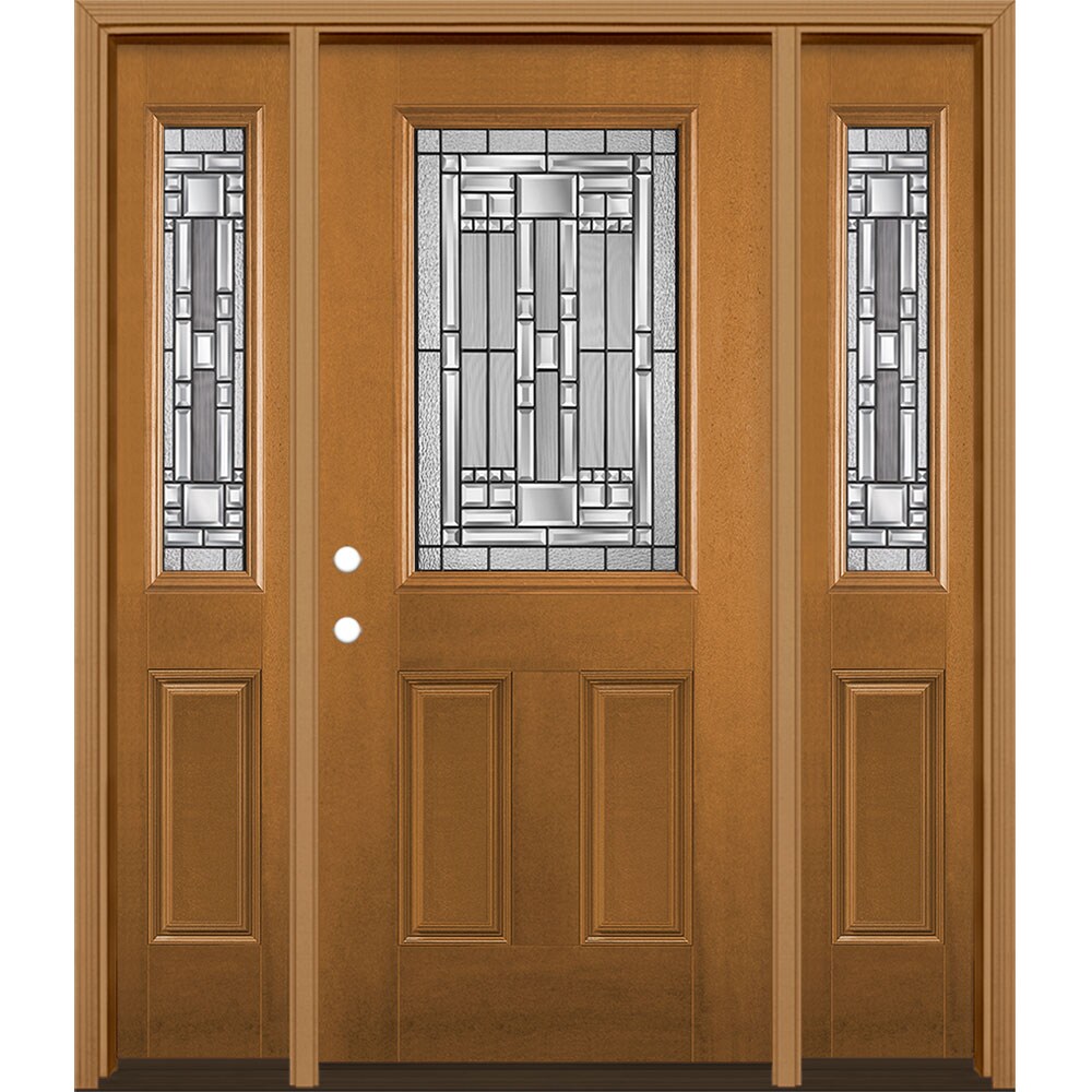 Masonite 3421056 Naples 60-in x 80-in x 4-9/16-in Fiberglass Half lite Right-hand inswing Oakcrest Stained Prehung Single door with sidelights Front Door with Brickmould Insulating core Decorative glass