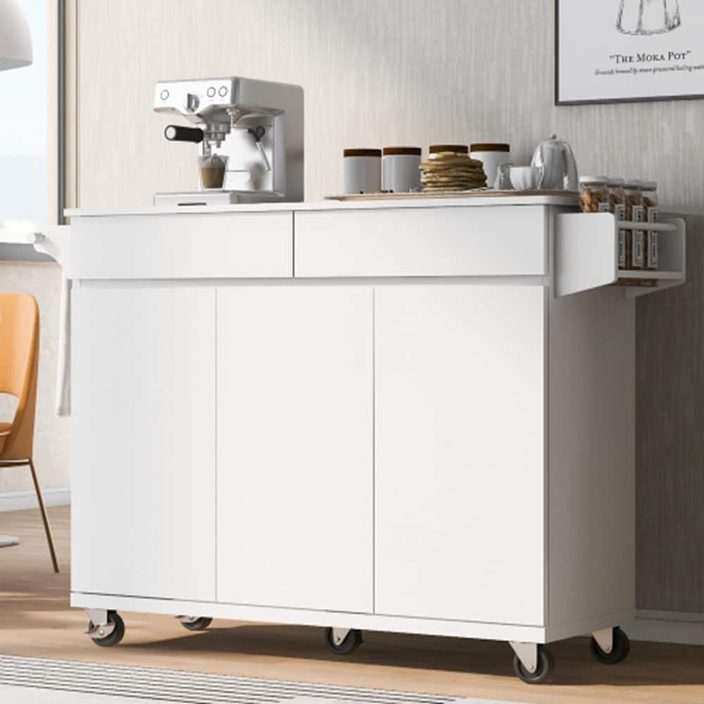 Runesay QCKCISLD04-05 White MDF Base with MDF Wood Top Rolling Kitchen Island ( 27.56-Inches x 53.15-Inches x 36.33-Inches )