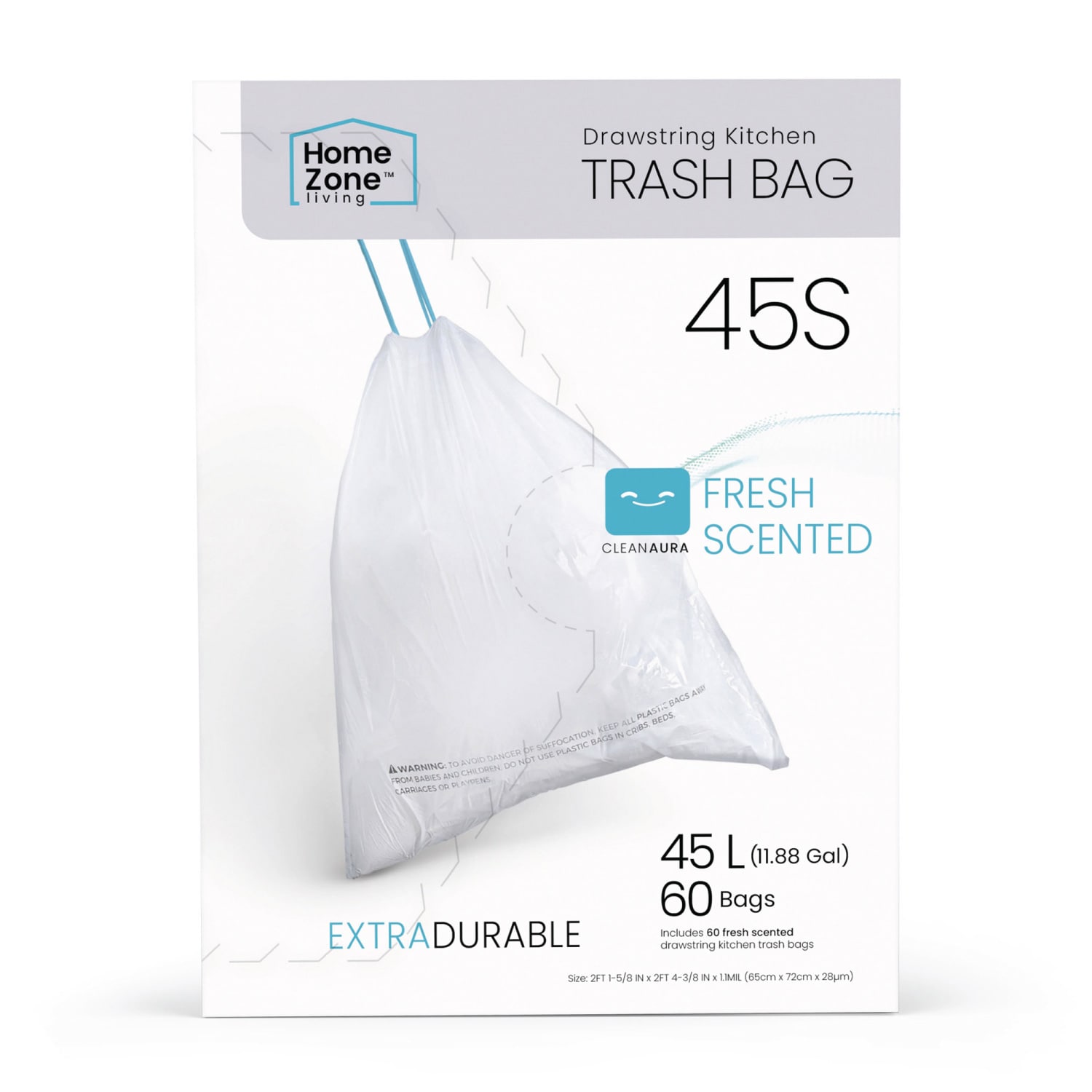 Home Zone Living VA42183A Essential 12-Gallon Fresh White Indoor Polypropylene Can Drawstring Trash Bag 60 -Count