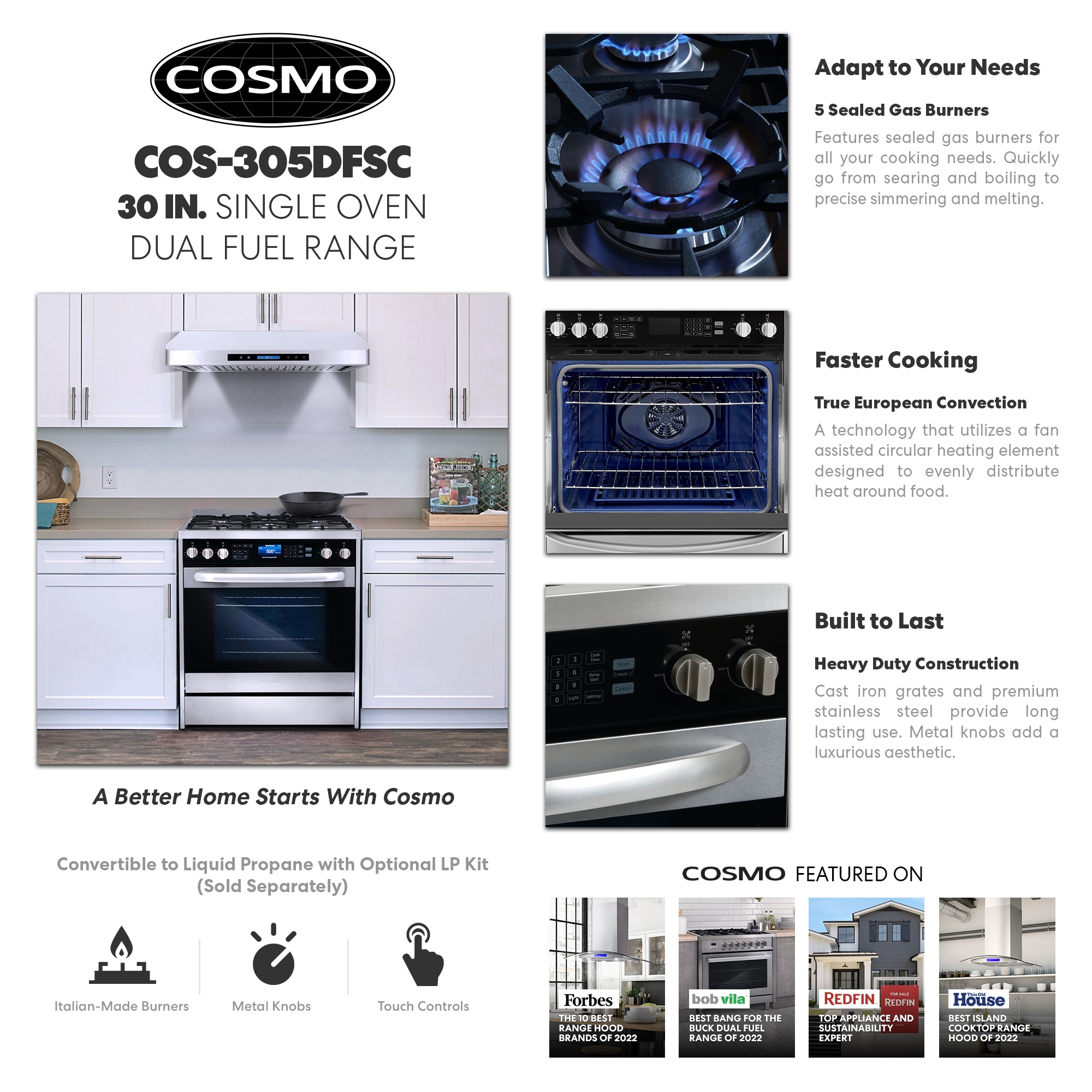 Cosmo 30in Deep Recessed 5 Burners Selfcleaning Freestanding Dual