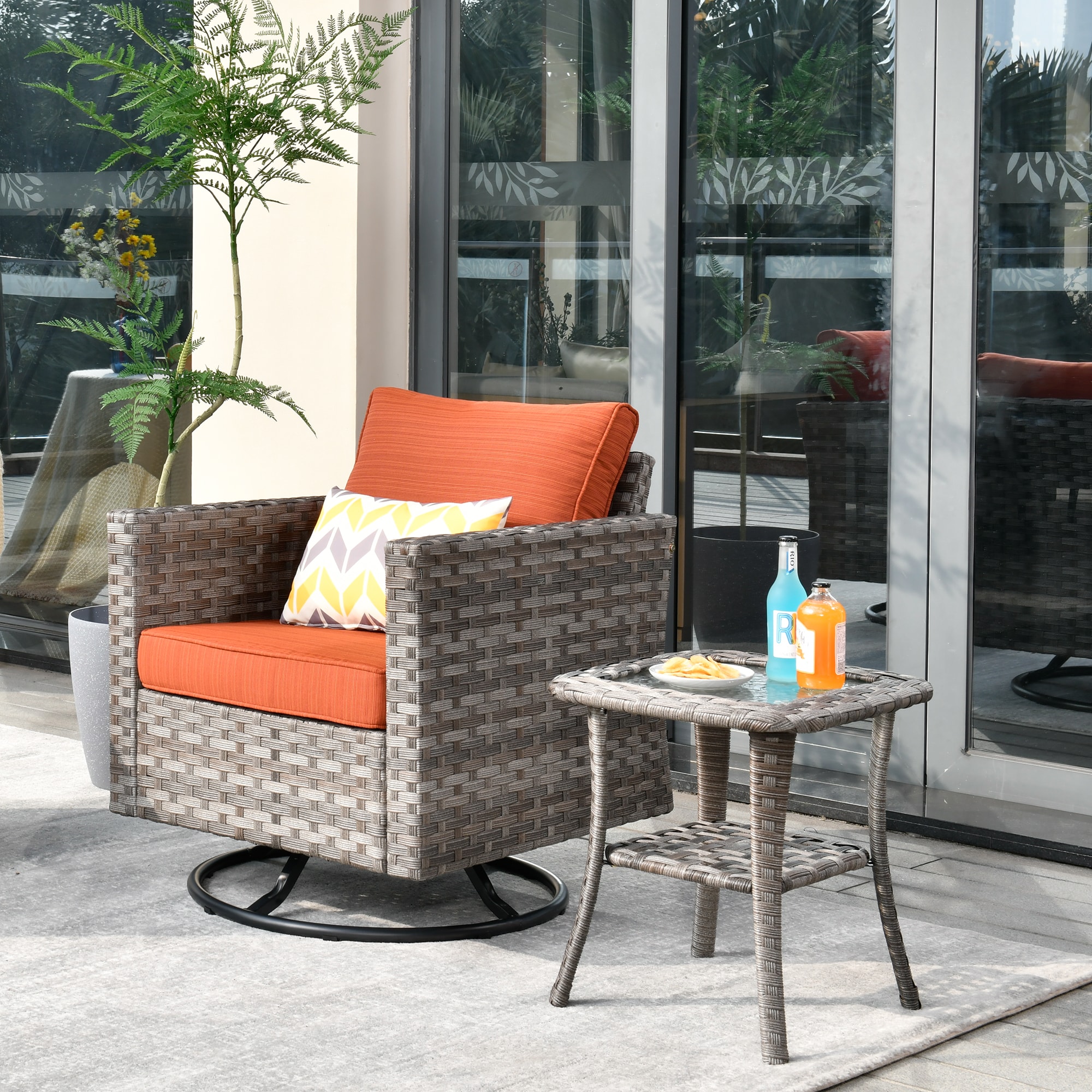 Pouuin SYZBBR8-CT Rattan Gray Wicker Frame Swivel rocker Conversation Chair with Red Woven Seat