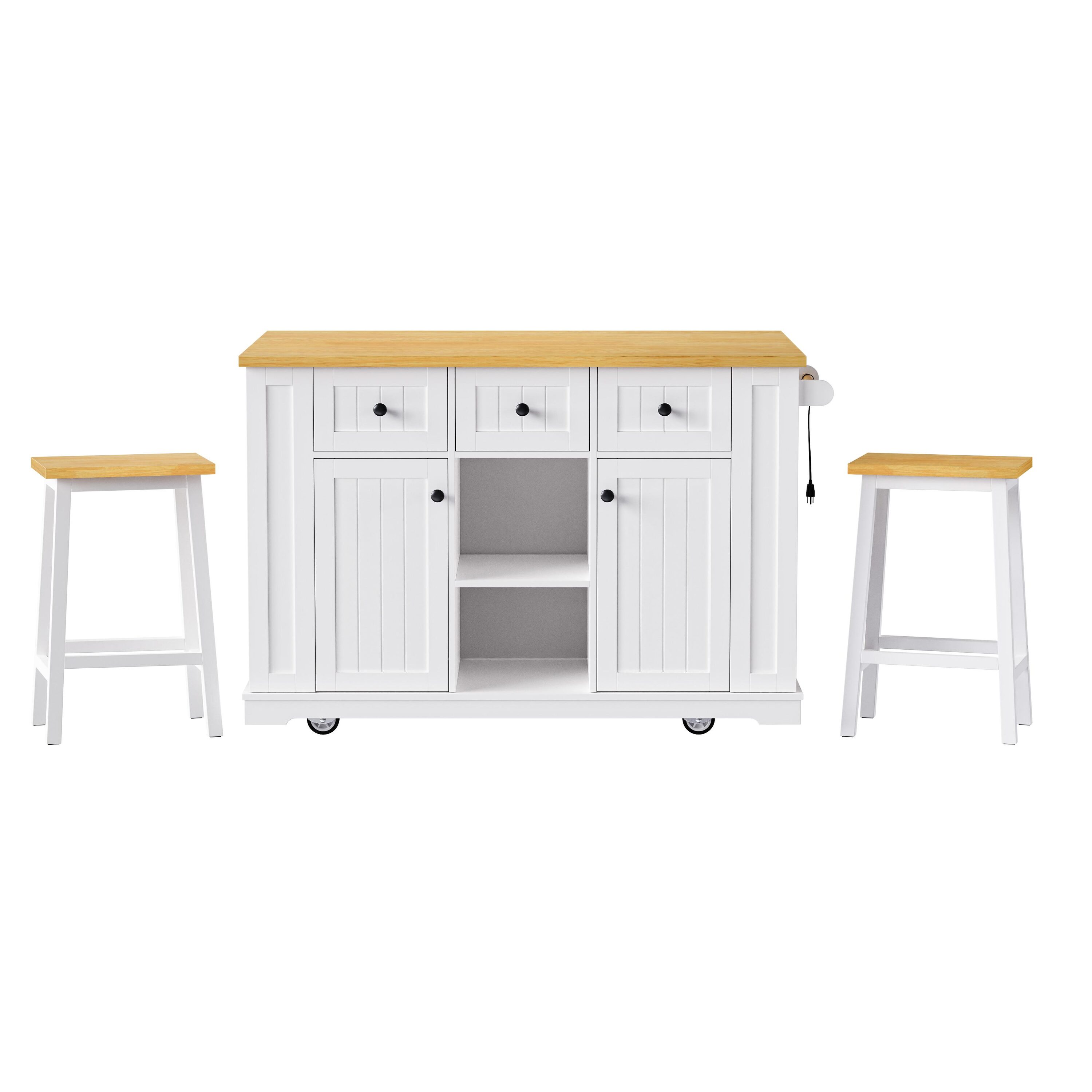 Bayfeve BF-7077W-IN White MDF Base with Wood Wood Top Rolling Kitchen Island ( 29.6 x 53.4 x 36.4 )