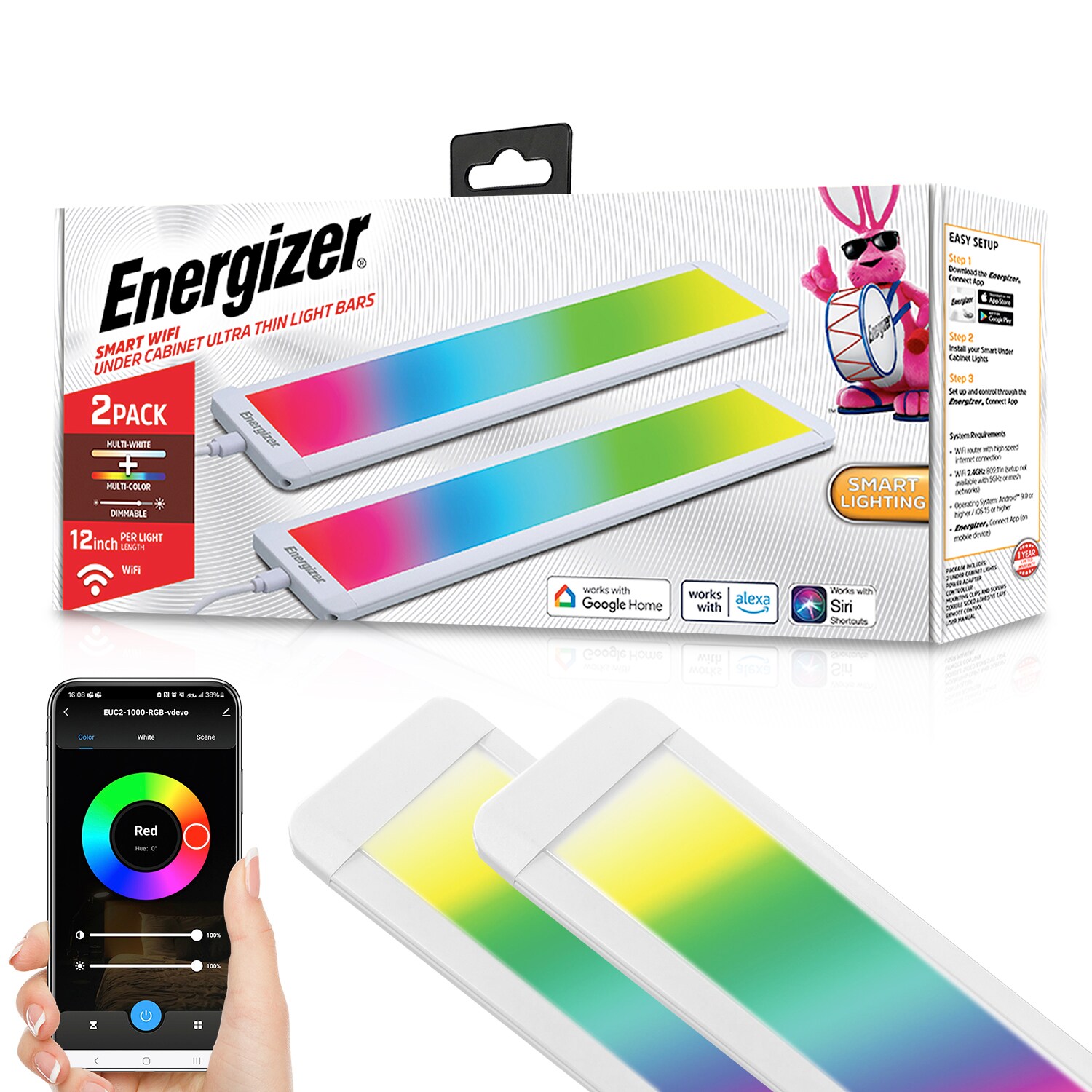 Energizer EUC2-1000-RGB Connected IOT 2 -Pack 12-in Smart Compatible Rechargeable USB plug-in LED Under Cabinet Light Bar Motion Sensing Light