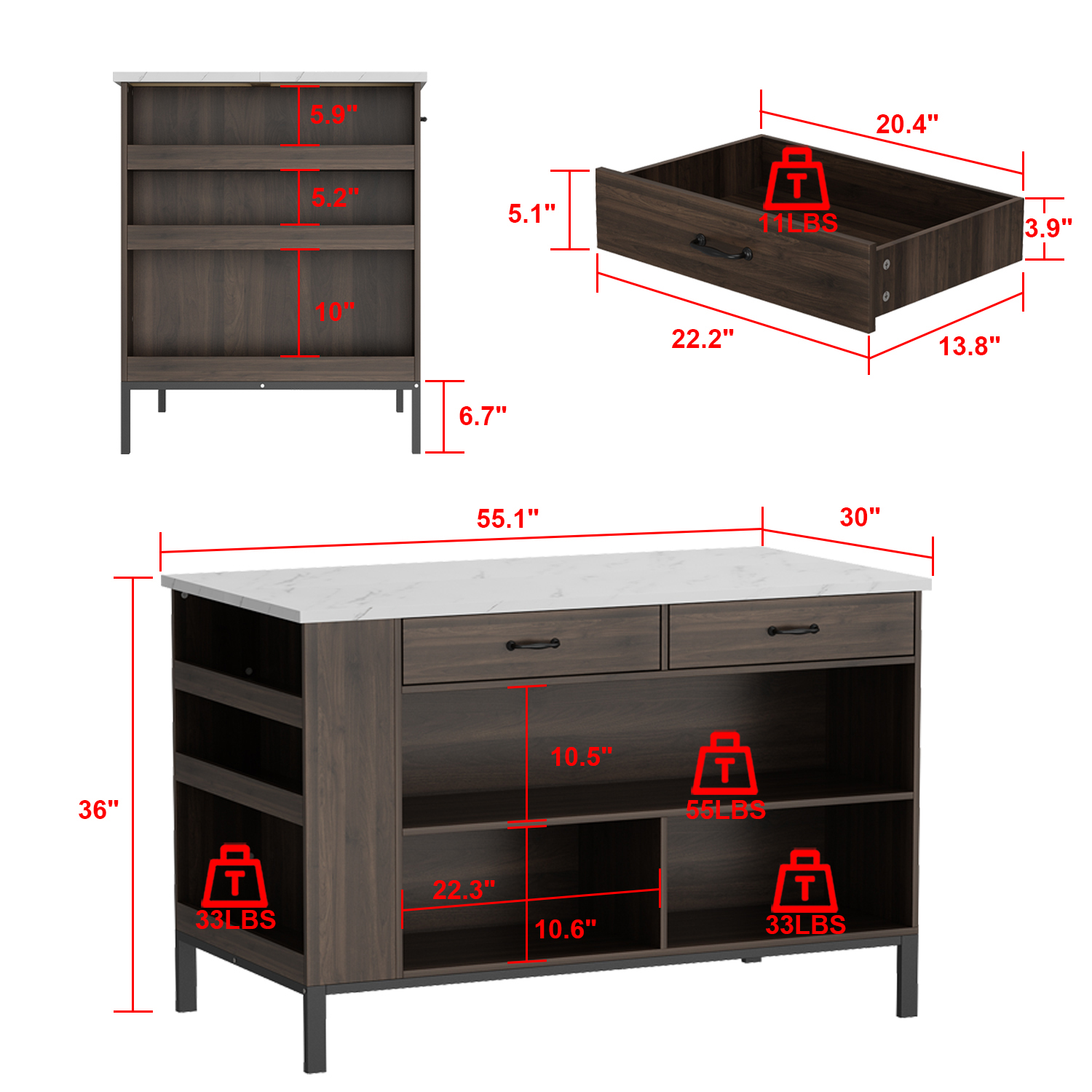 FUFU&GAGA Brown Mdf Base with Mdf Top Kitchen Island (30-in x 55.1-in x ...