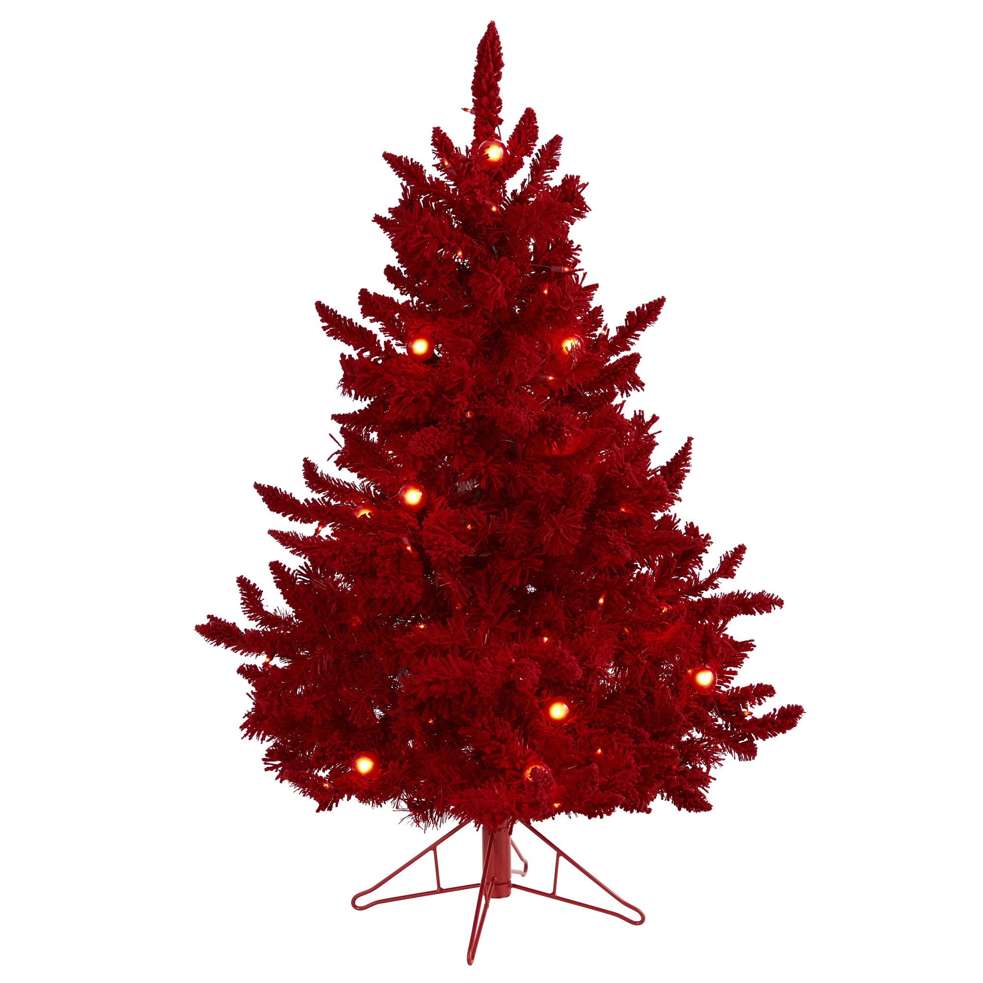 Nearly Natural T1459 4-Feet Fraser fir Pre-lit Flocked Red Artificial Christmas Tree with Red Incandescent Lights