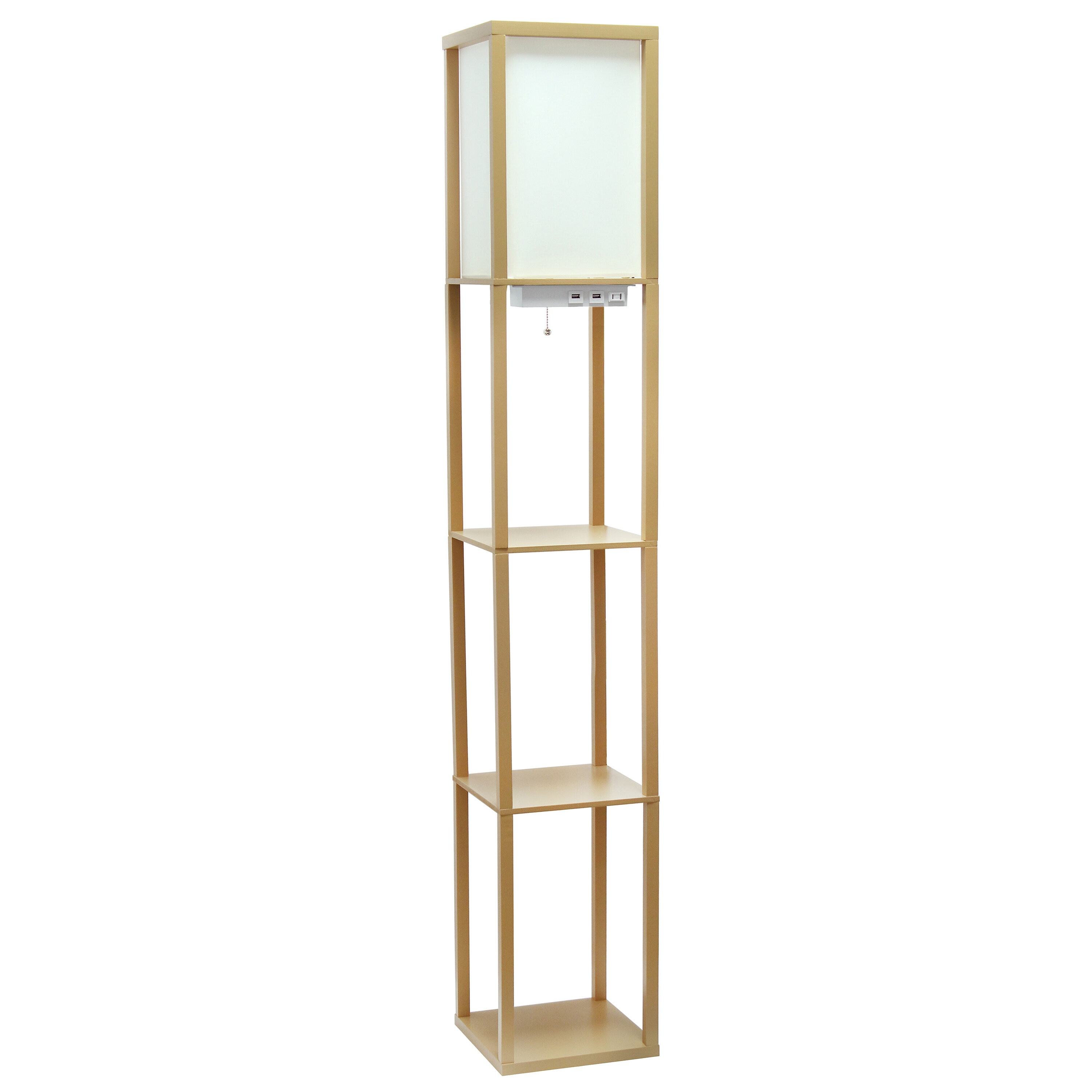 Tan Wood Floor Lamp with Shelves and Linen Shade