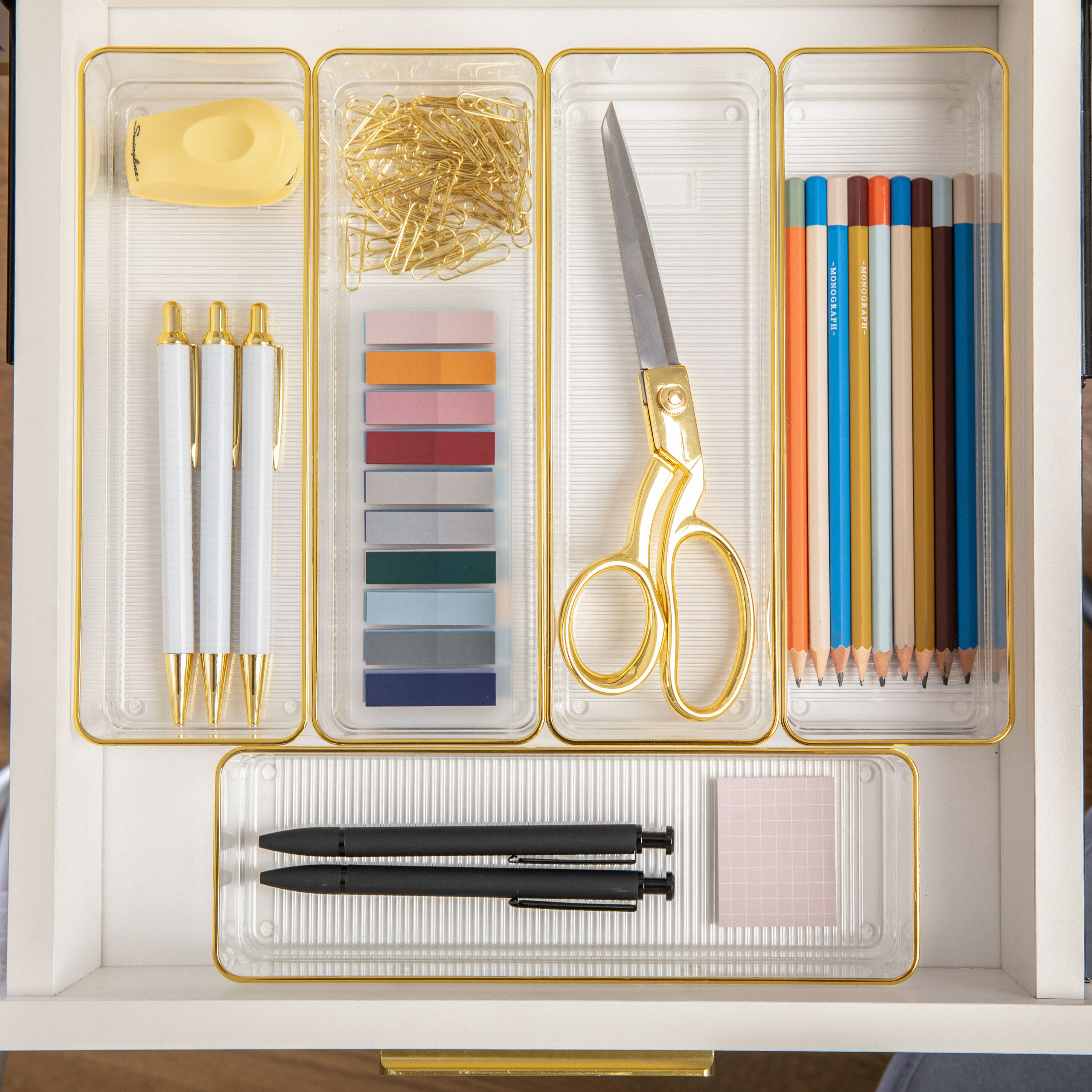 Martha Stewart Clear Plastic Stackable Desk Drawer Organizers with Gold Trim, 12" x 3"