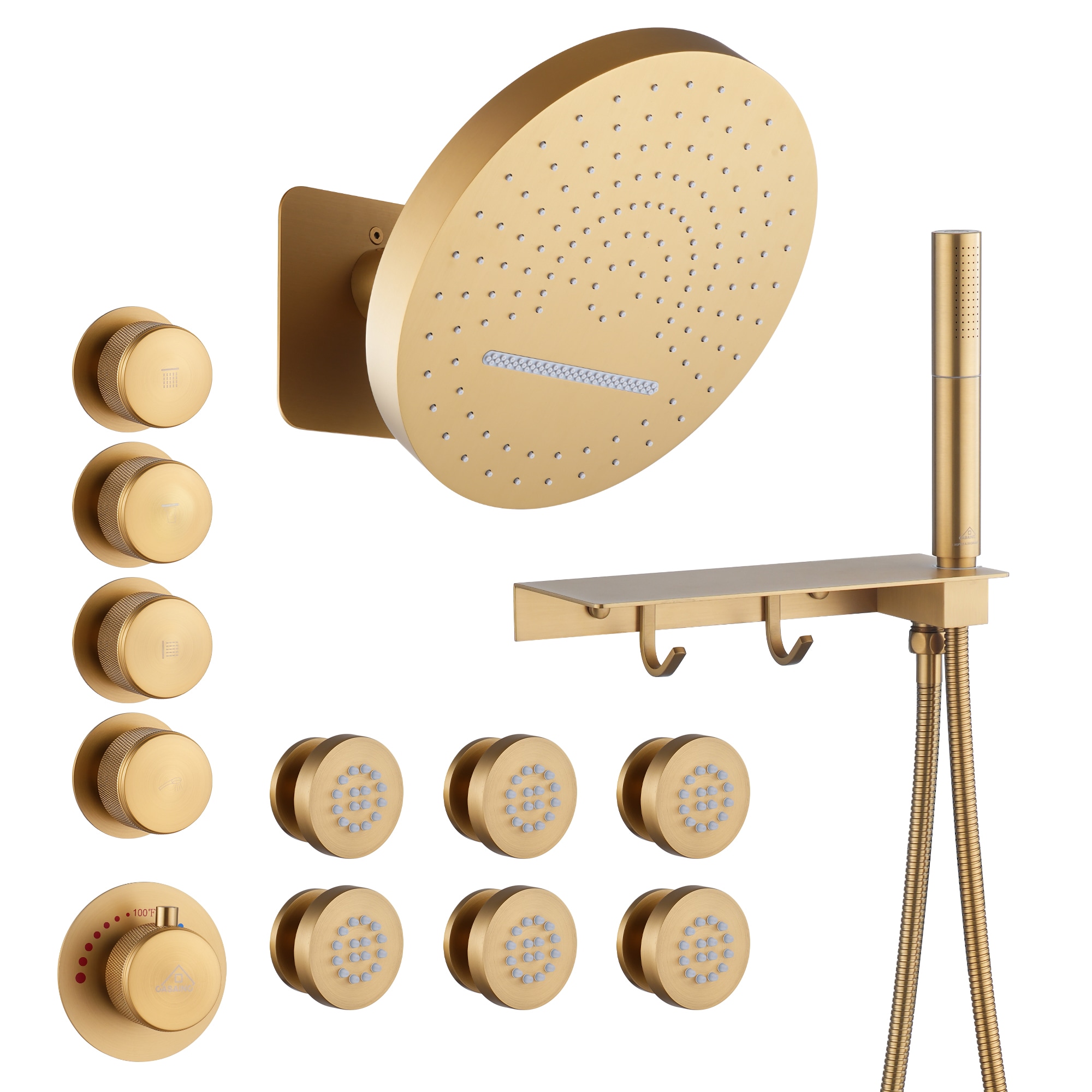 CASAINC KCHS0005-12BG Brushed Gold 12.6-in Waterfall Built-In Shower Faucet System with 3-way Diverter ( Thermostatic Valve Included )