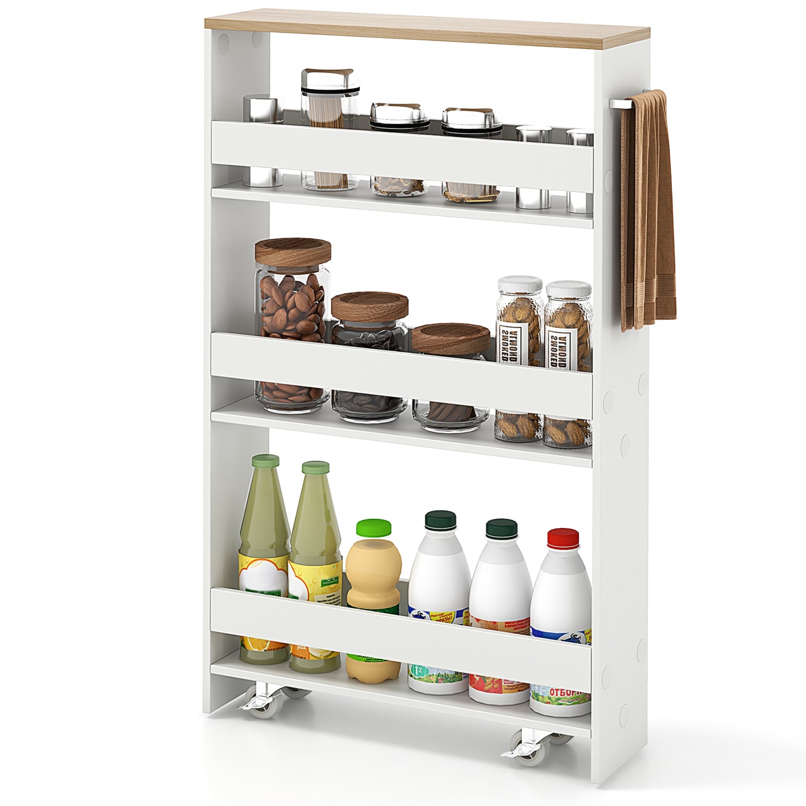Slickblue D-CO-HW10501VJ Engineered Wood Base with Open Shelves Rolling Narrow Mobile Serving Cart (19 Inch W x 5 Inch L x 32 Inch H) for Kitchen Bathroom or Living Room- White/ Black