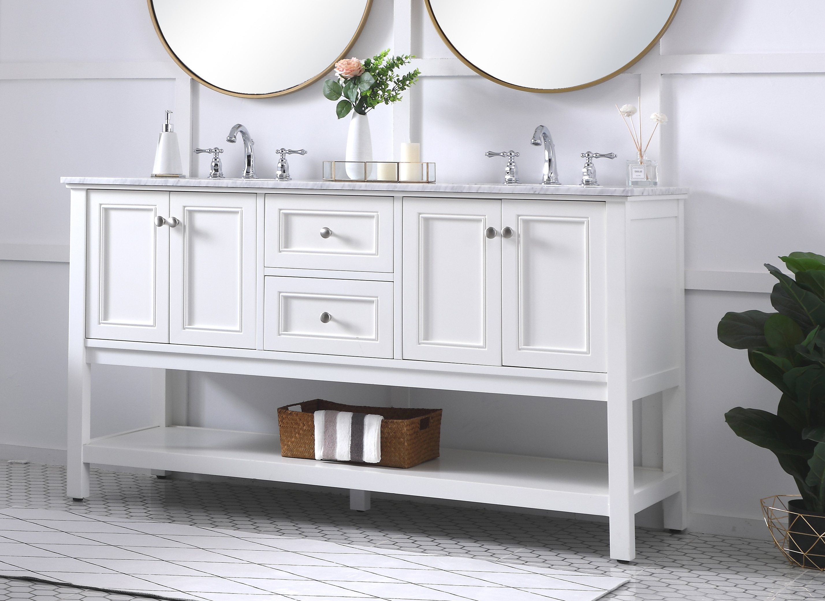 White Double Sink Freestanding Vanity with Marble Top