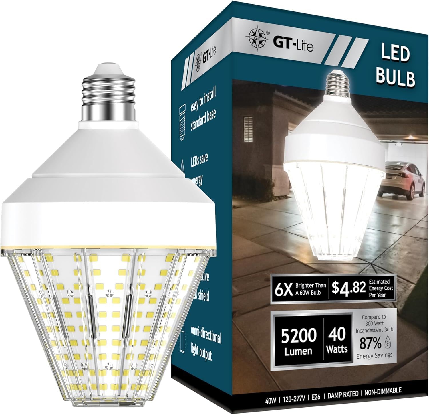JUSJUBR 40W Energy-Efficient High-Output LED Corn Cob Bulb 300-Watt Equivalent 5000K Daylight E26 Base Wide-Coverage Lighting for Indoor Outdoor Garage Applications #GC3-027E7RRJ